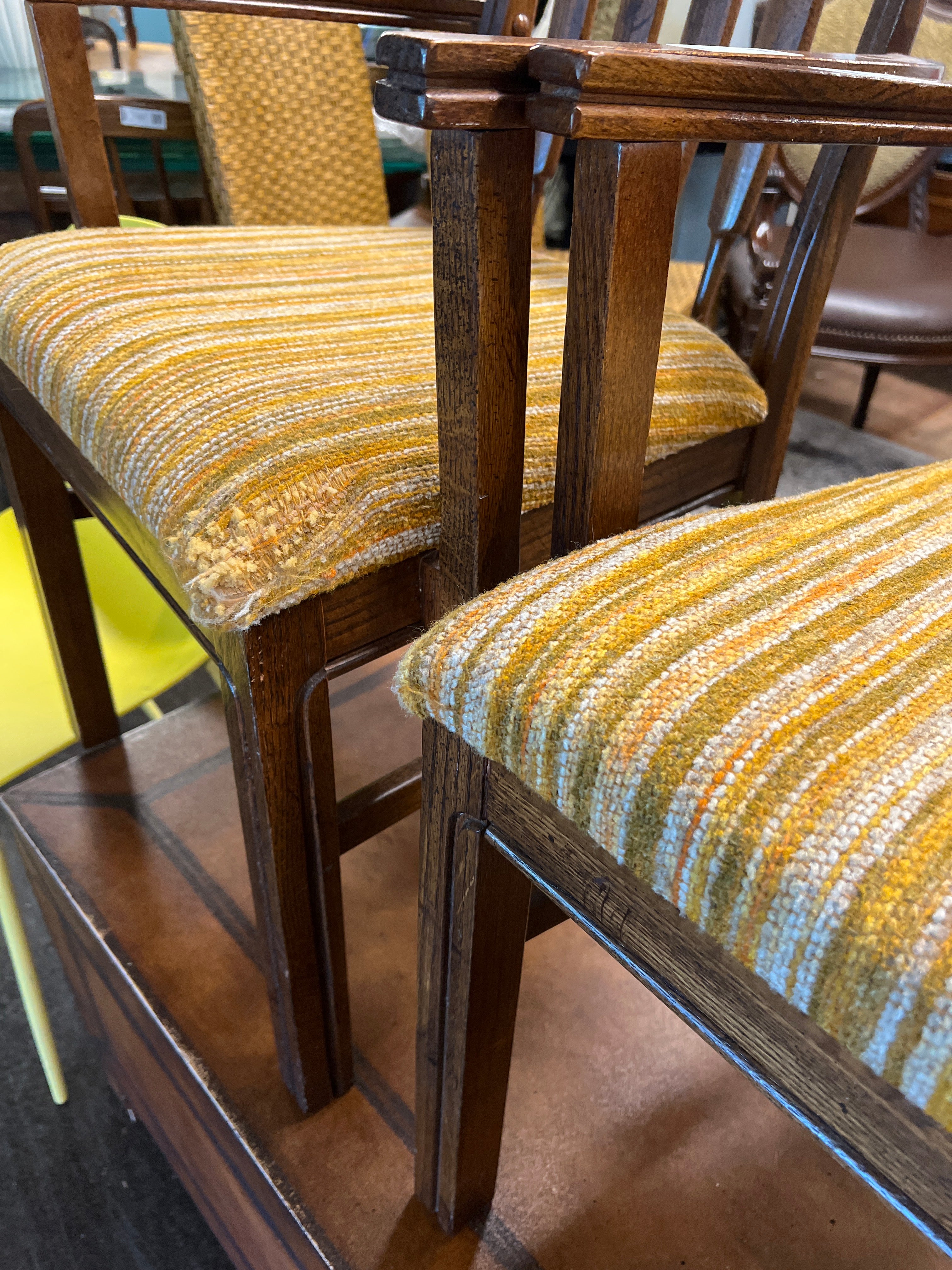 Mid-Century Solid Wood Armchair with Gold Striped Upholstery