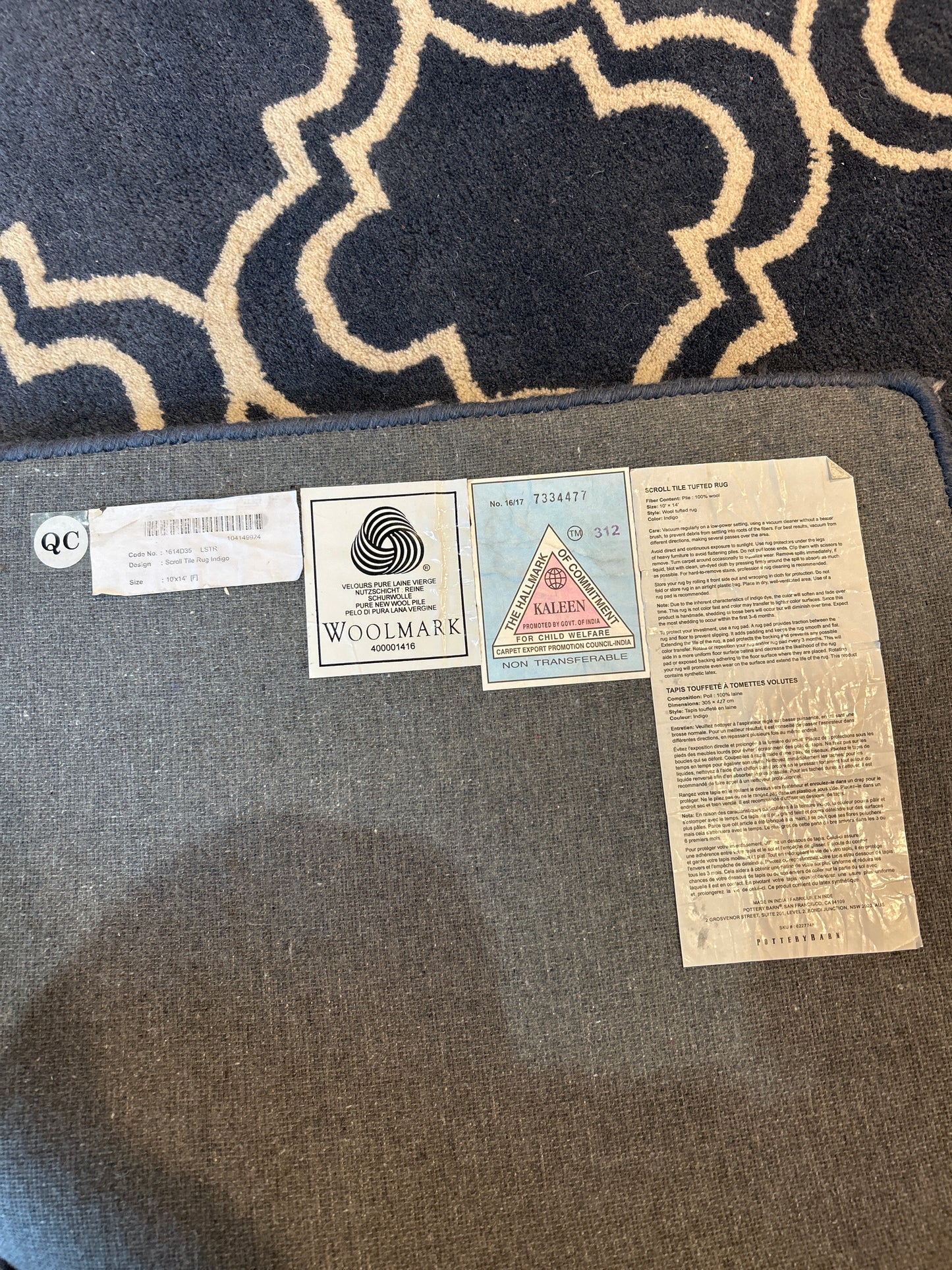 Woolmark Scroll Tile Indigo Pottery Barn Rug 10’ x 14’