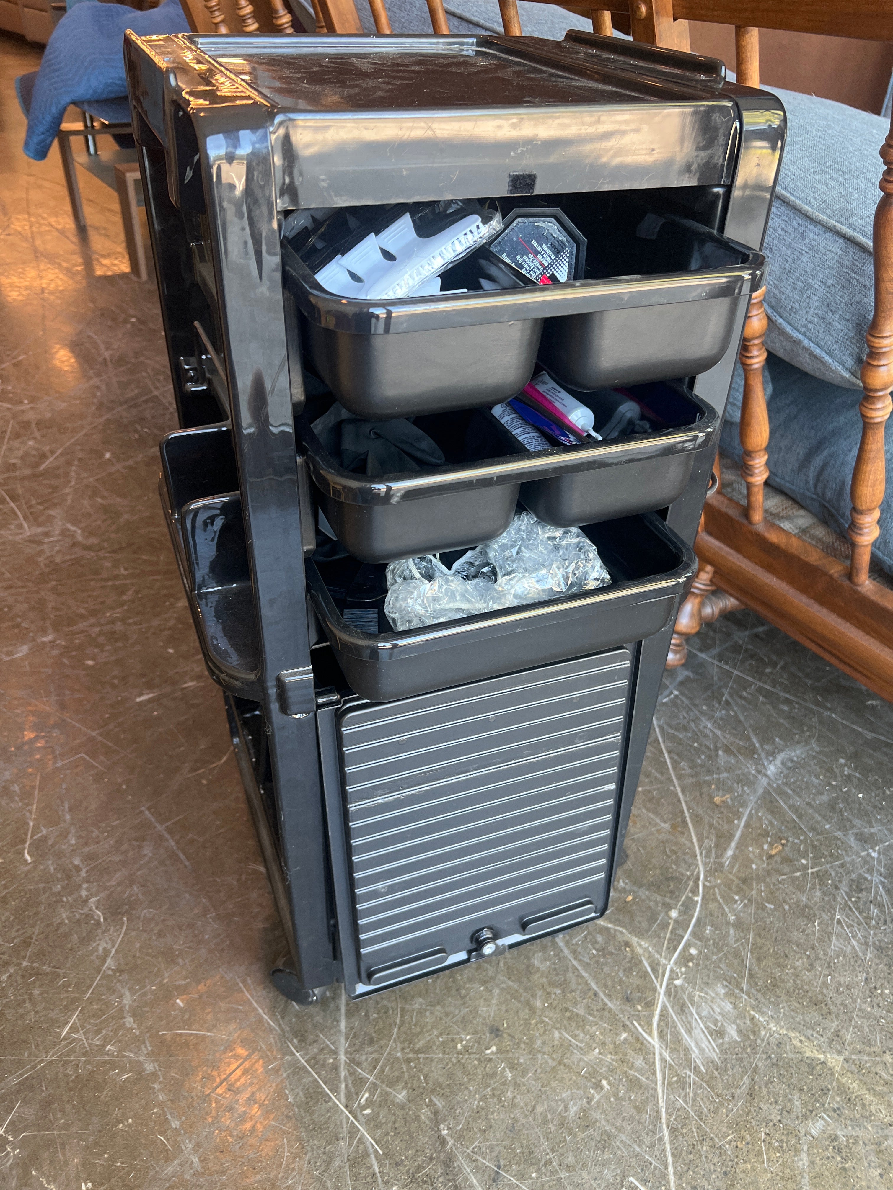 Black Plastic Rolling Storage Cart with Multiple Compartments