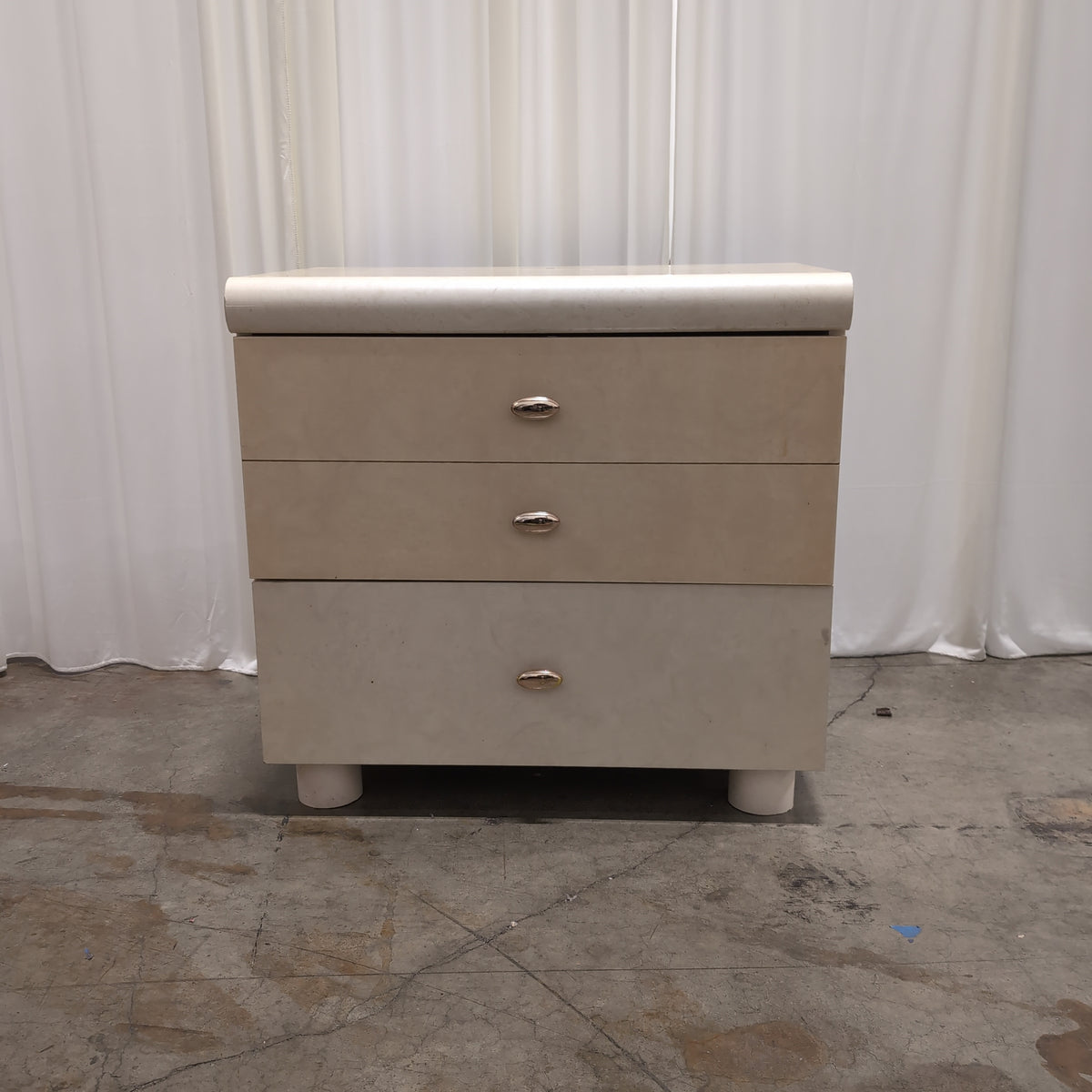 Light Burlwood Pattern Three-Drawer Nightstand with Gold Pulls
