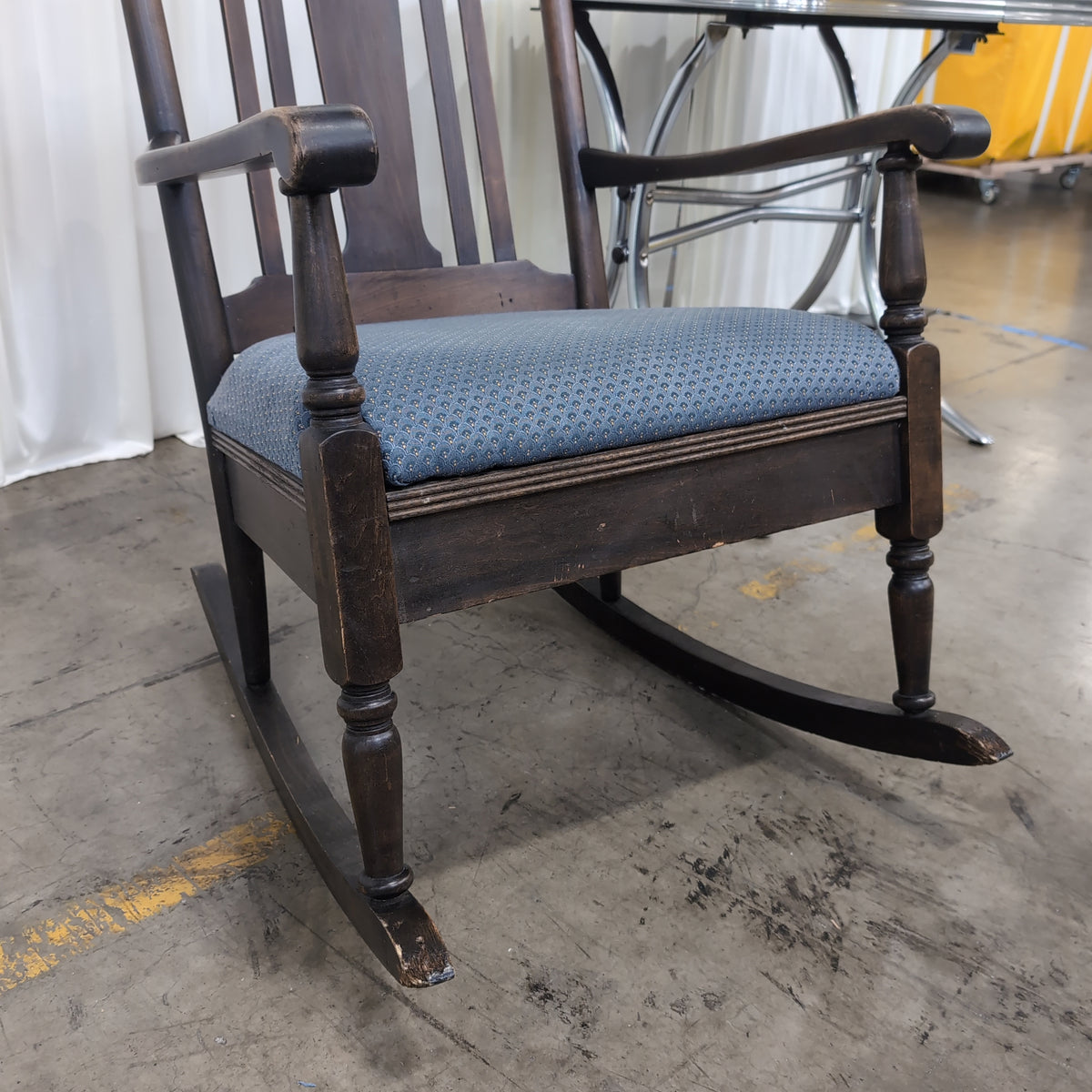 Dark Wood Traditional Rocking Chair with Blue Upholstery