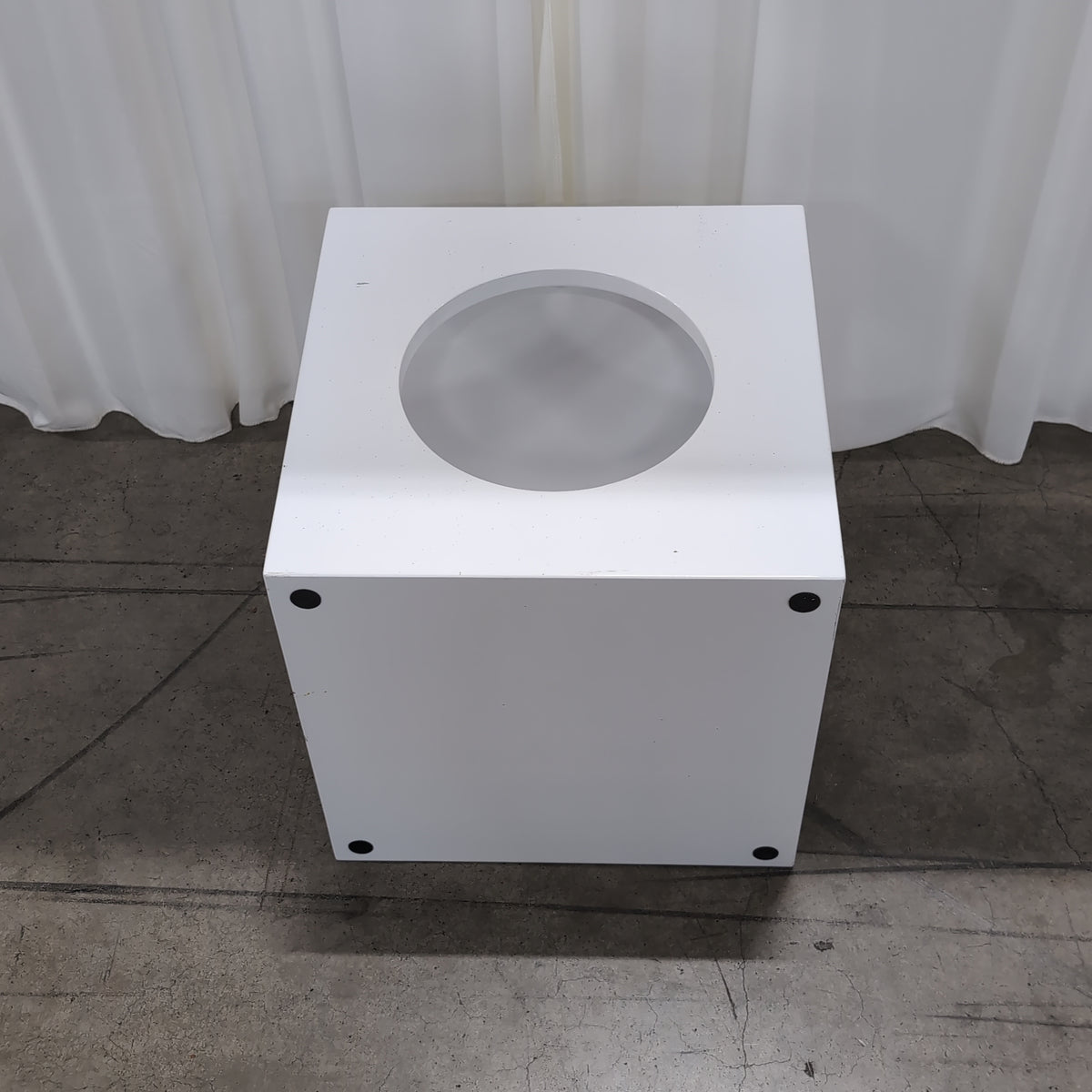 White Cube End Table with Circular Cutout
