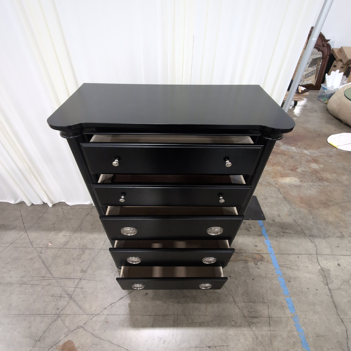 Black Wood Six-Drawer Dresser with Silver Hardware