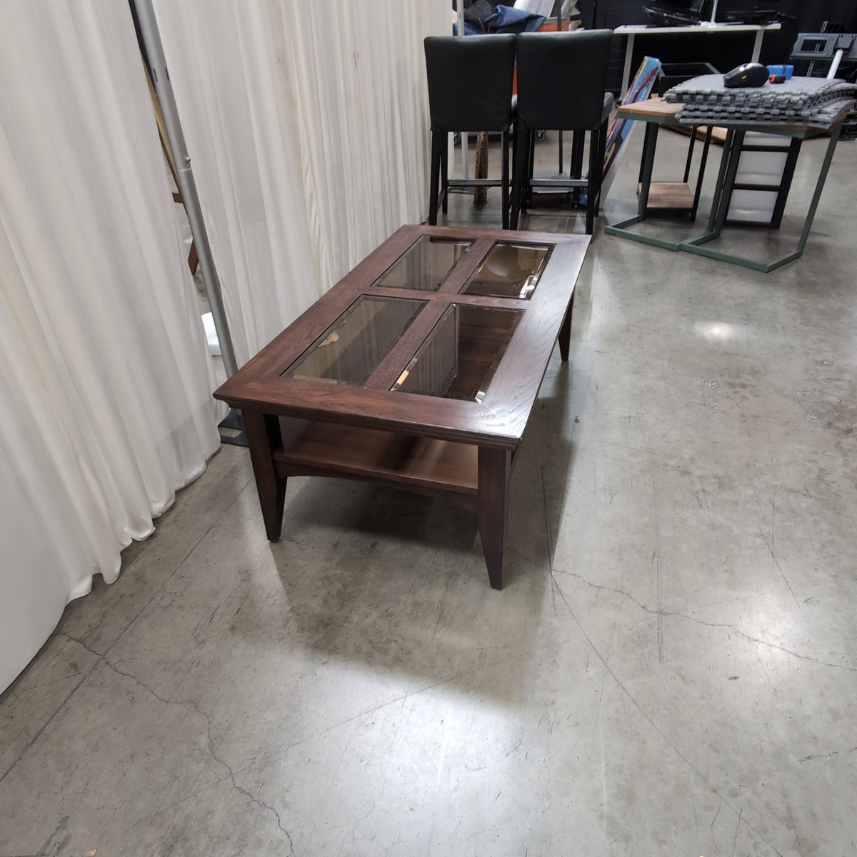 Dark Stained Wood Coffee Table with Glass Insert