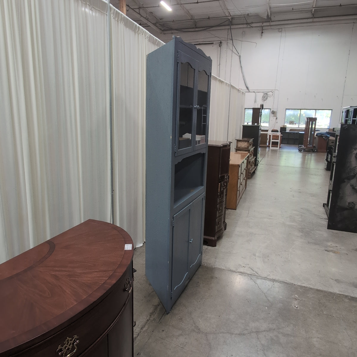 Painted Blue Corner China Cabinet with Glass Doors
