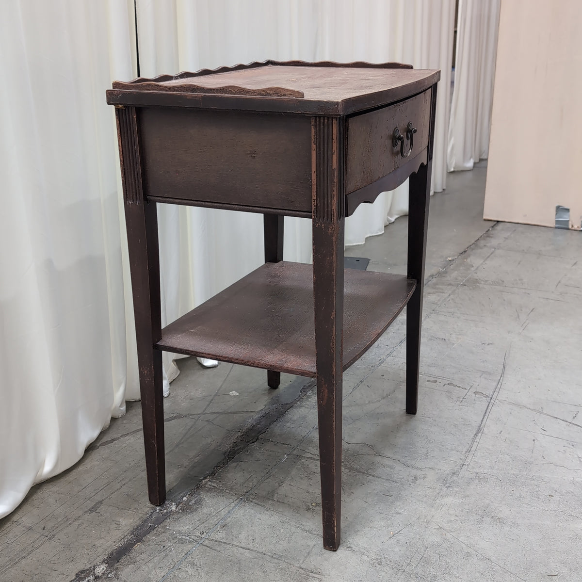 Dark Wood Scalloped Top Nightstand with Drawer