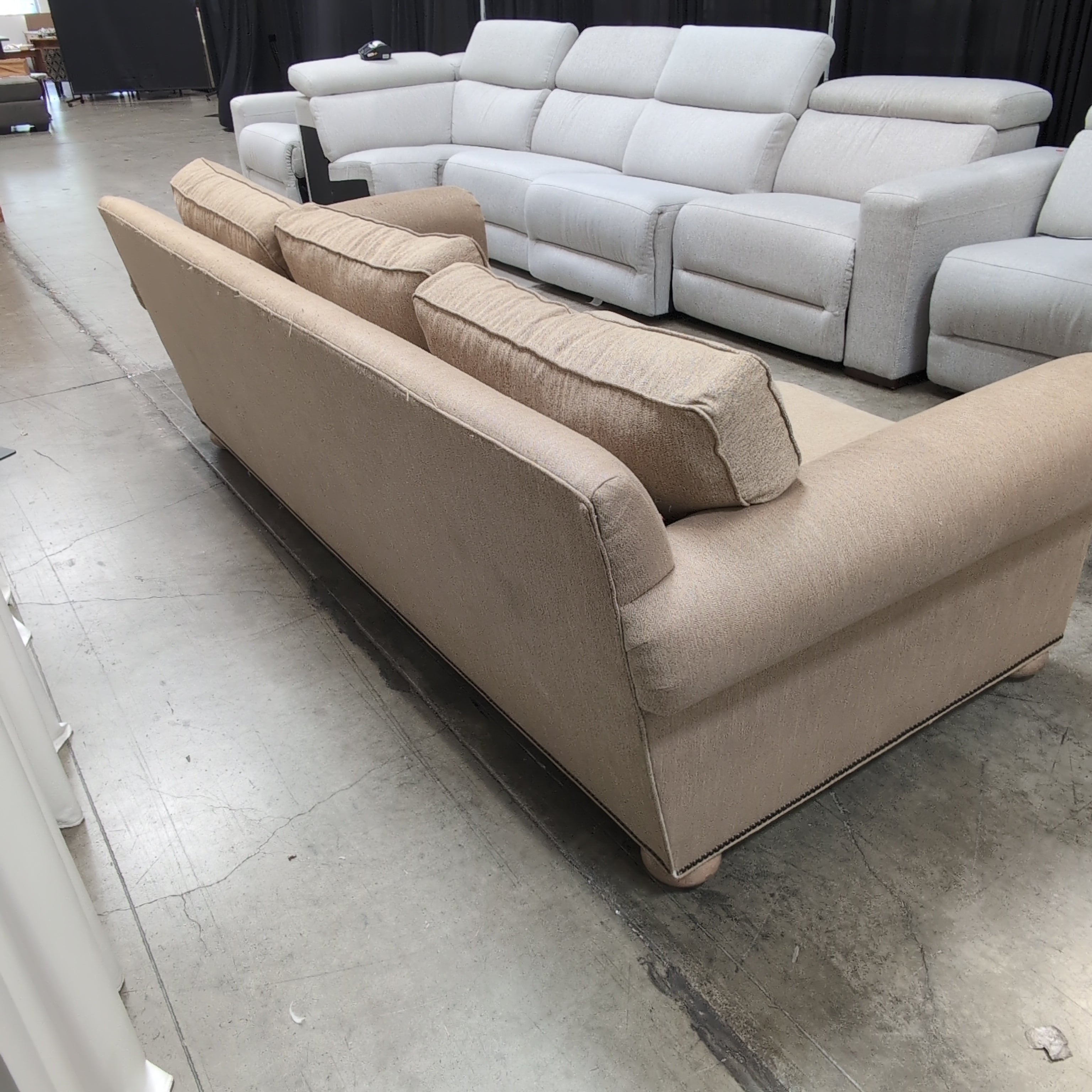 Tan Woven Fabric Three-Cushion Couch