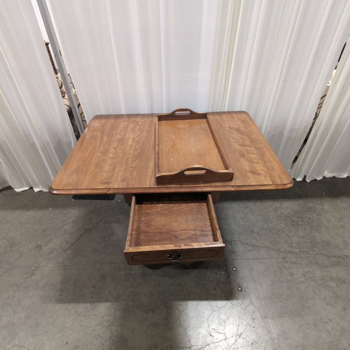 Light Brown Wood Drop Leaf Serving Cart with Turned Legs