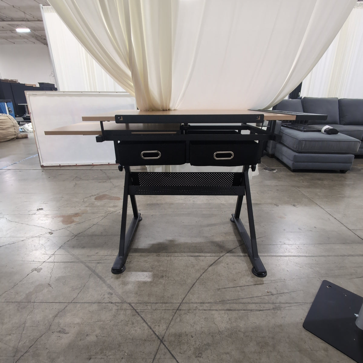 Adjustable Light Wood-Tone Drafting Desk with perforated shelf