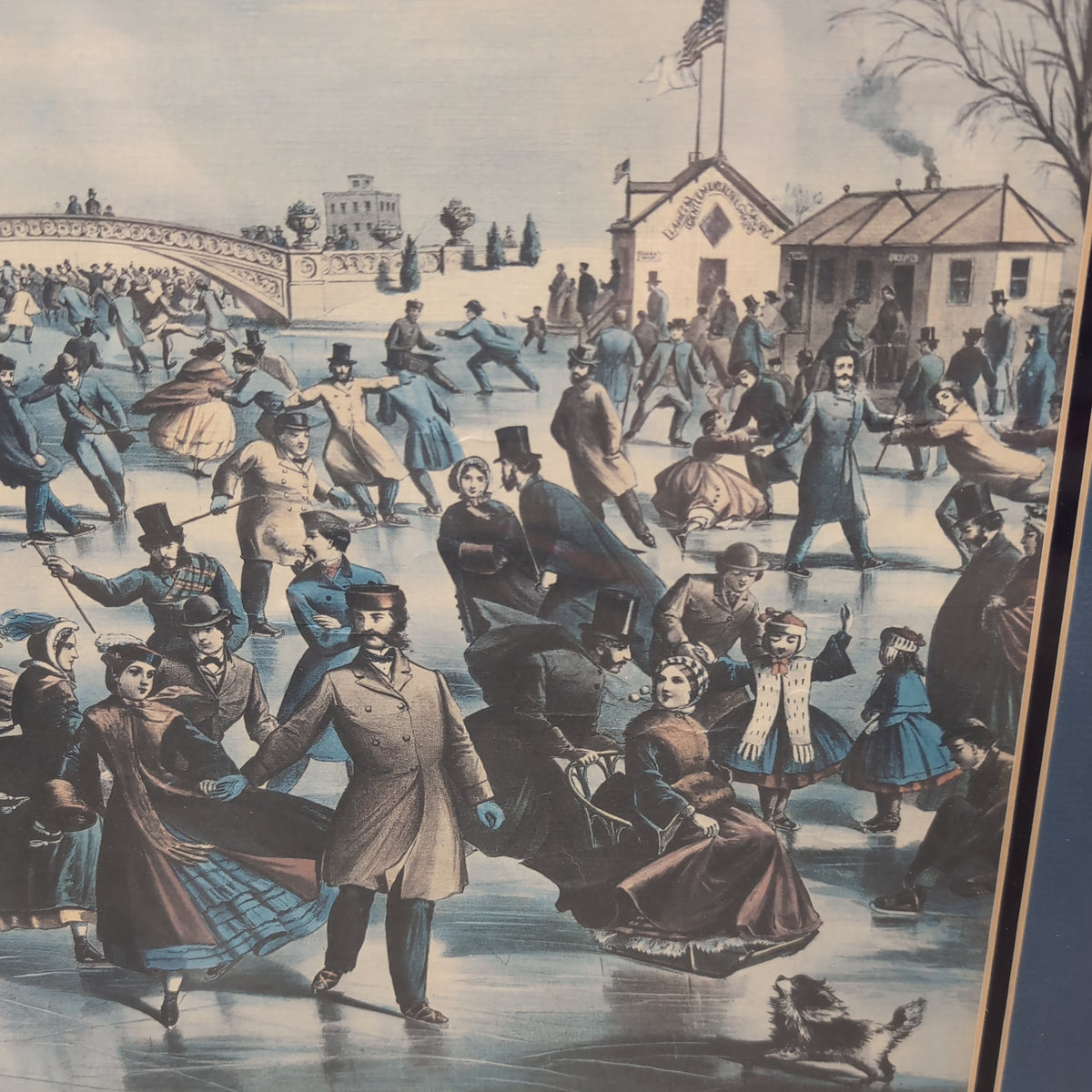 Vintage Style Central Park Winter Framed Print with Blue Matting