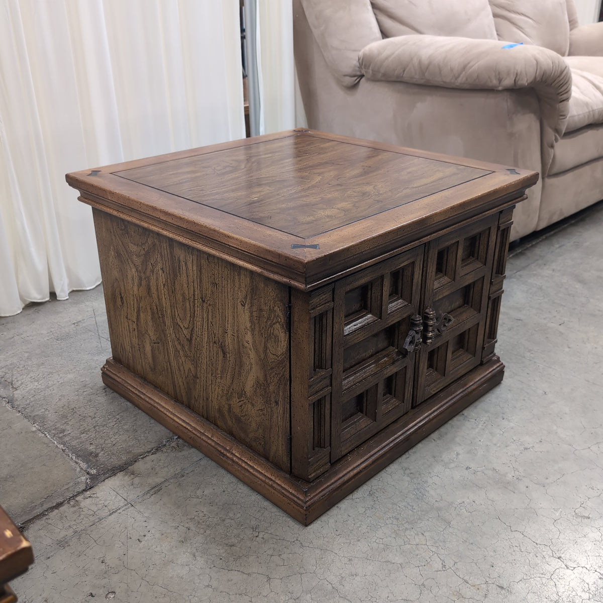 Vintage Carved Wood End Table with Cabinet Doors