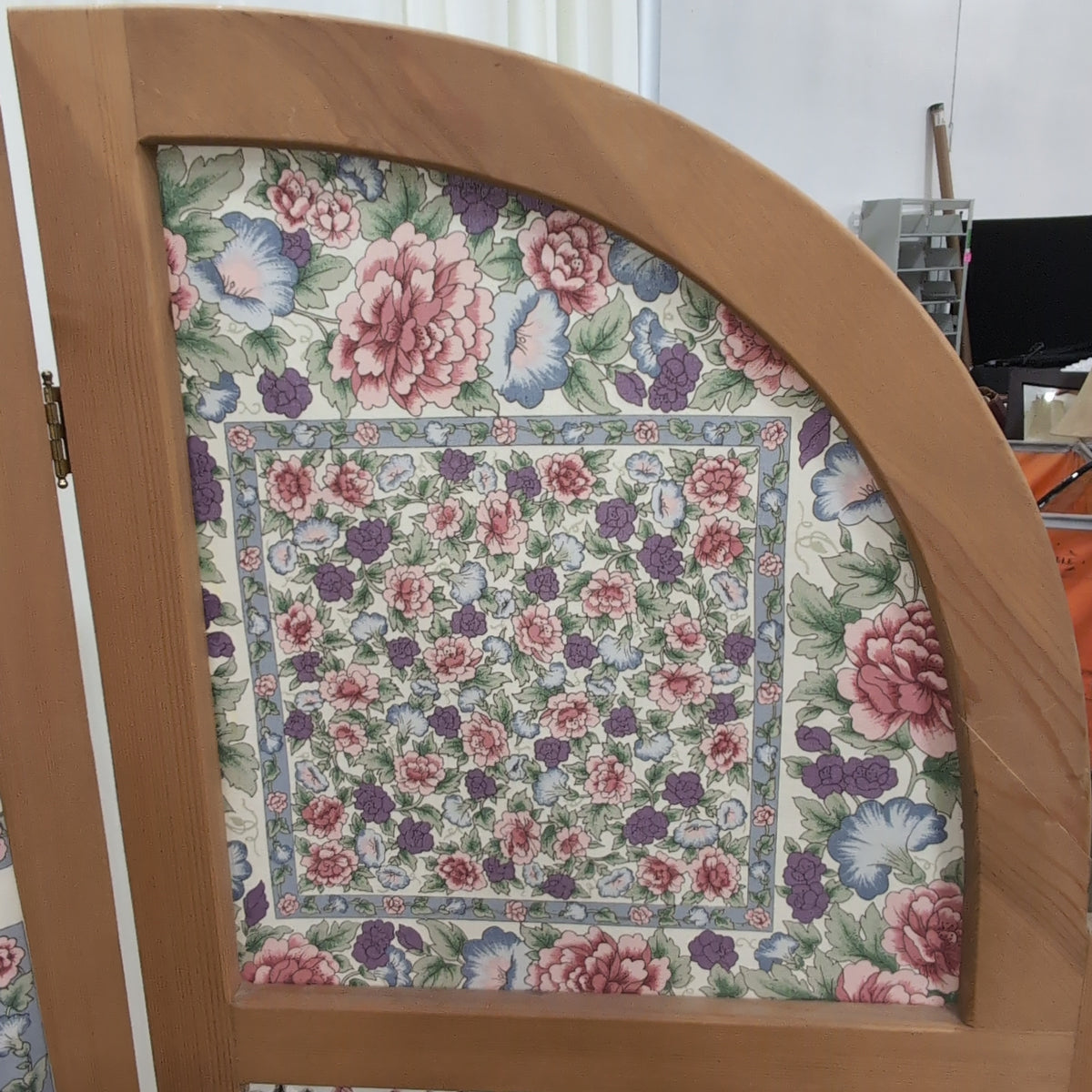 Three-Panel Wood Screen with Floral Fabric