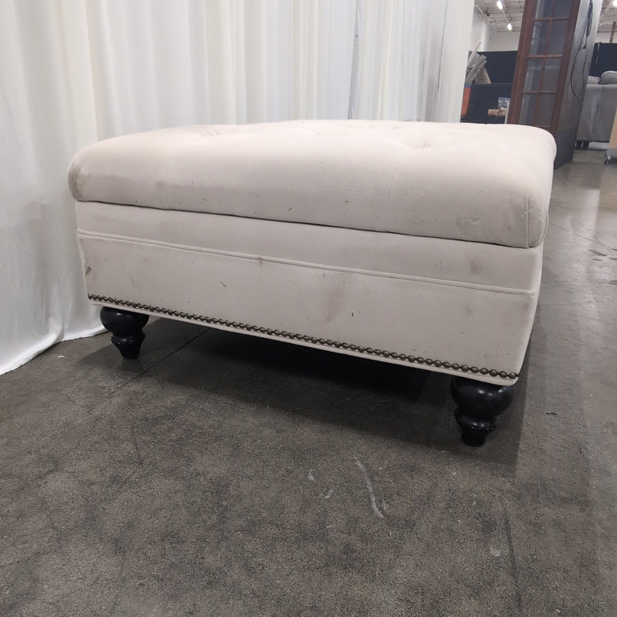 Tufted Beige Velvet Ottoman with Nailhead Trim