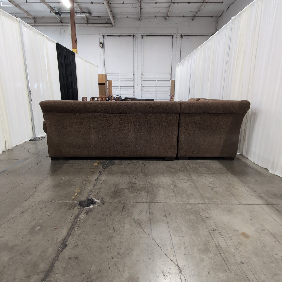 Brown Textured Fabric L-Shaped Sectional Couch with Nailhead Trim
