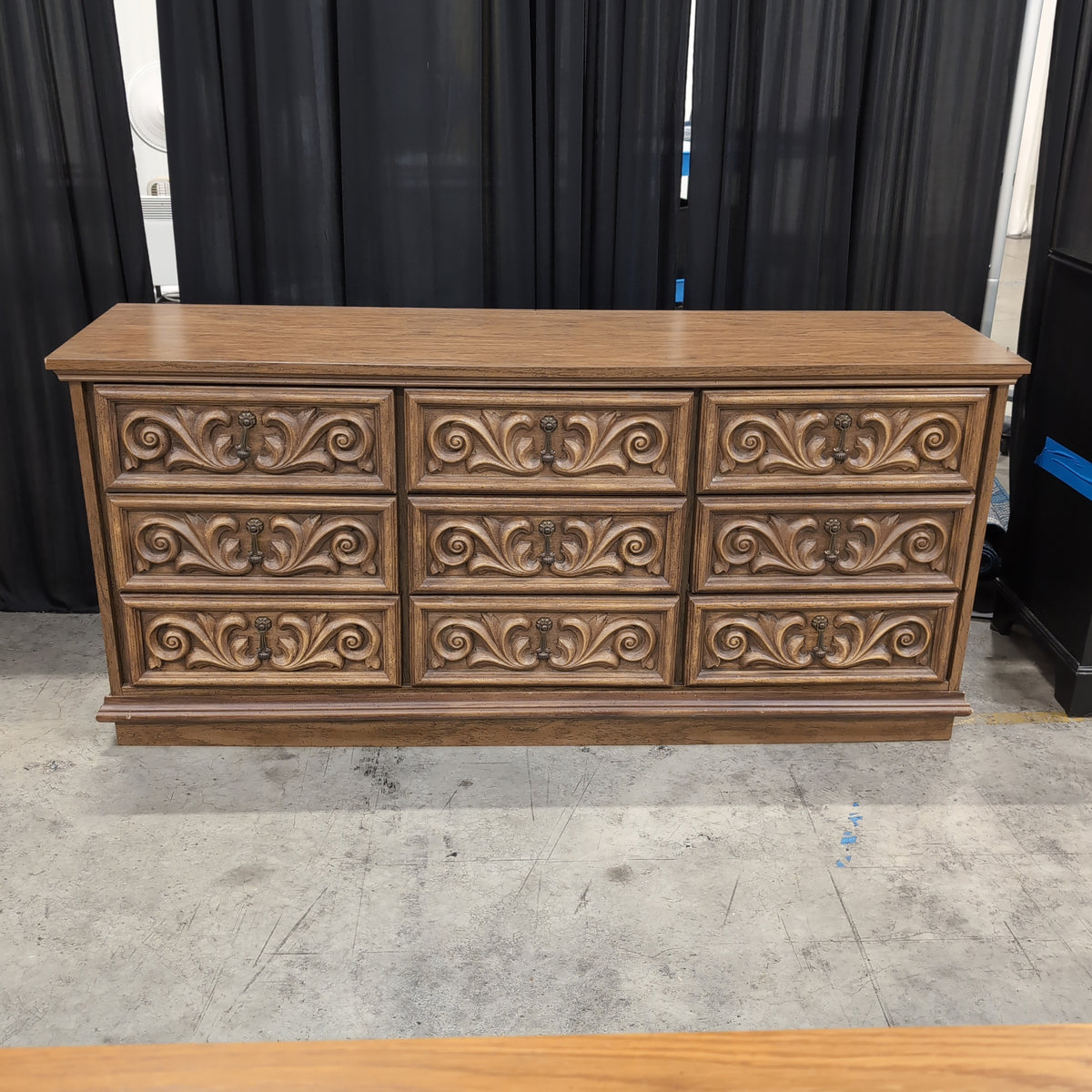 Ornate Carved Brown Wood Nine-Drawer Dresser