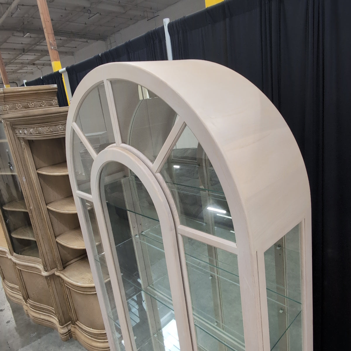 Light Wood Arched Top China Cabinet with Glass Shelves