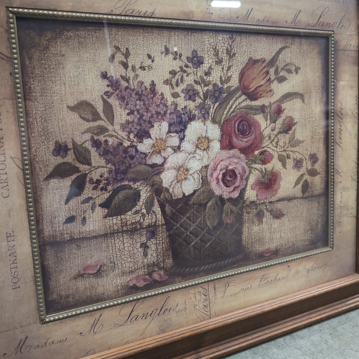 French Country Floral Wall Picture in Wood-Look Frame