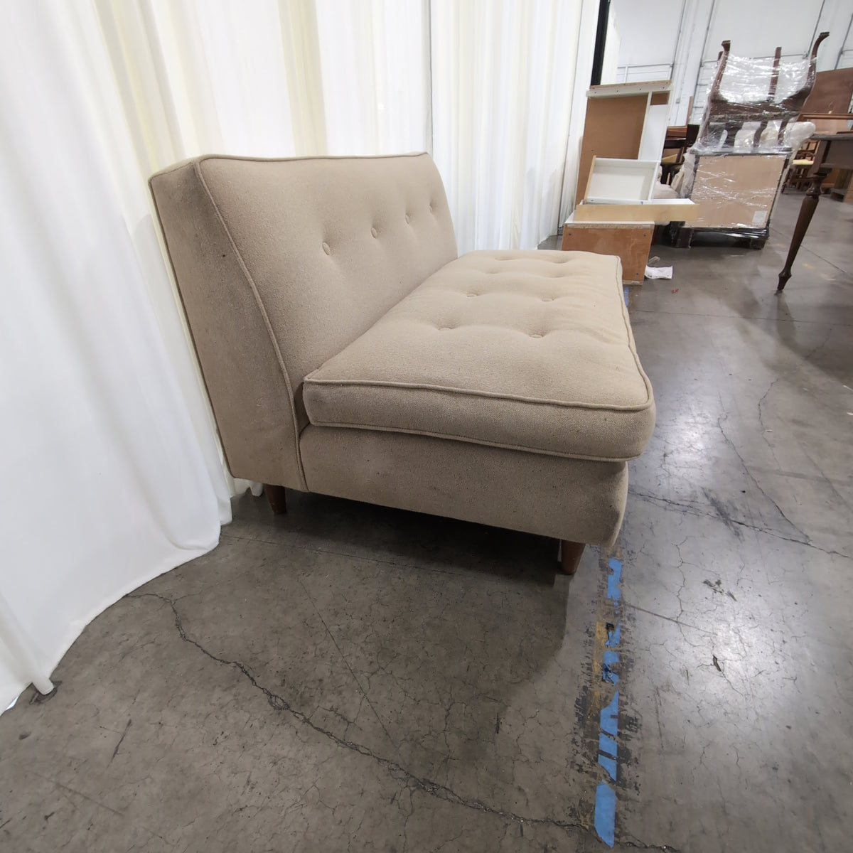 Mid-Century Modern Beige Upholstered Loveseat with Tufted Cushions