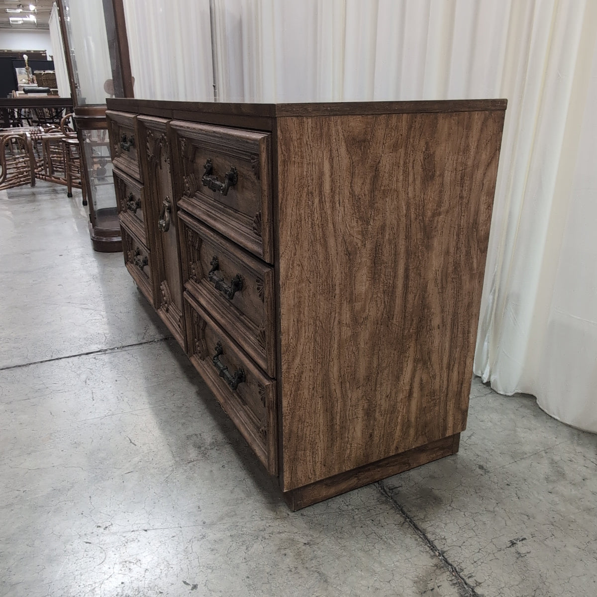 Ornate Carved Wood Buffet with Brass Hardware