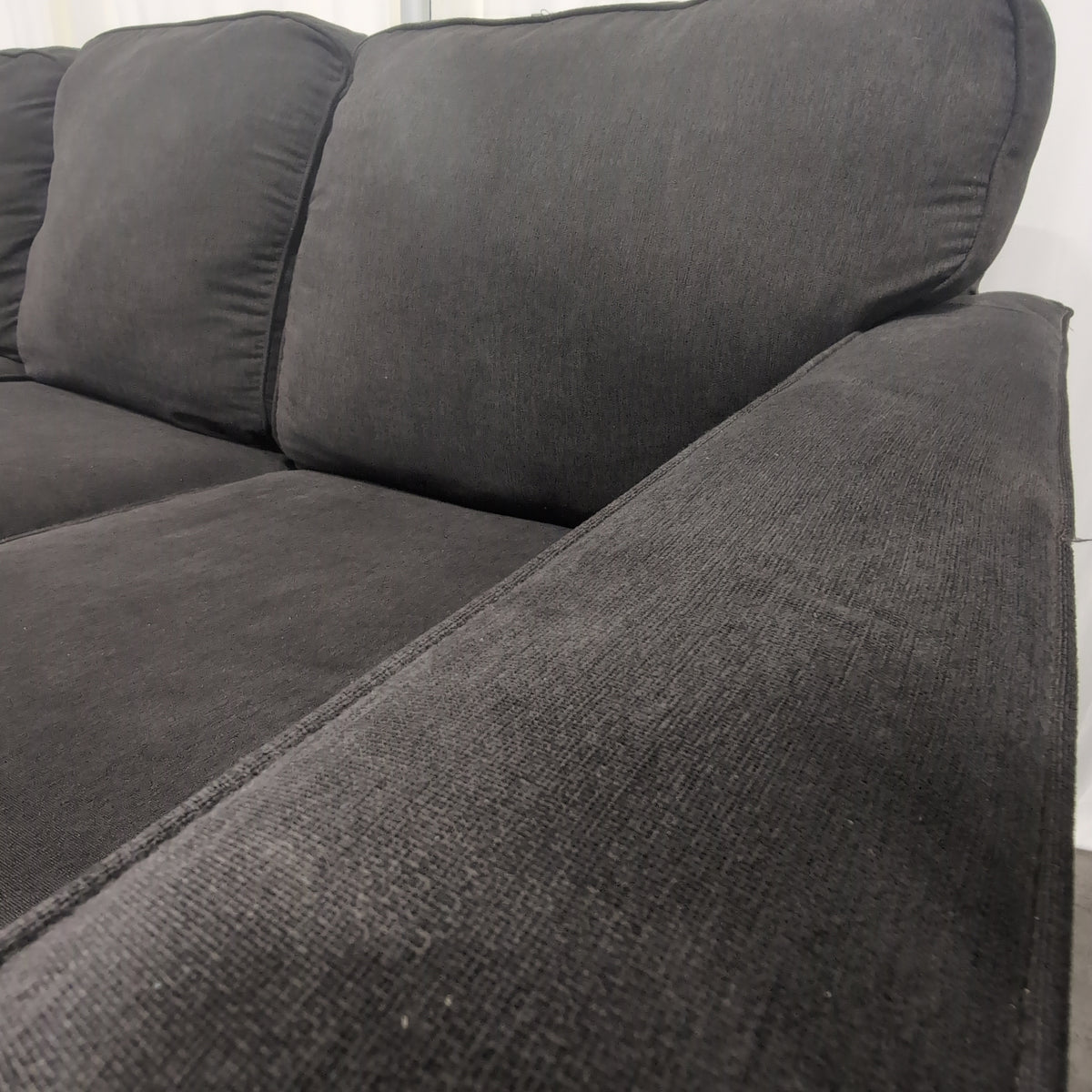 Textured Grey Fabric Couch with Track Arms