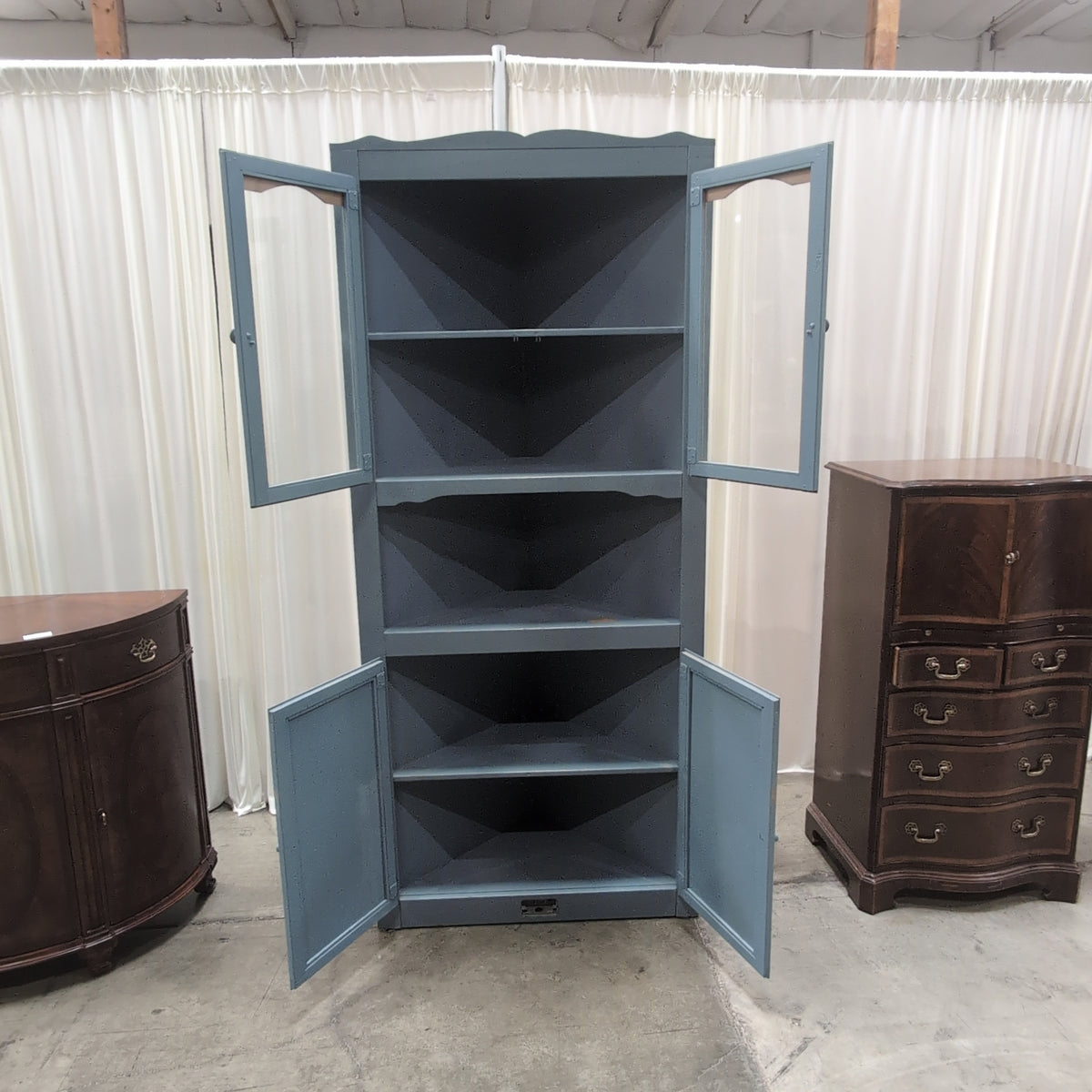 Painted Blue Corner China Cabinet with Glass Doors