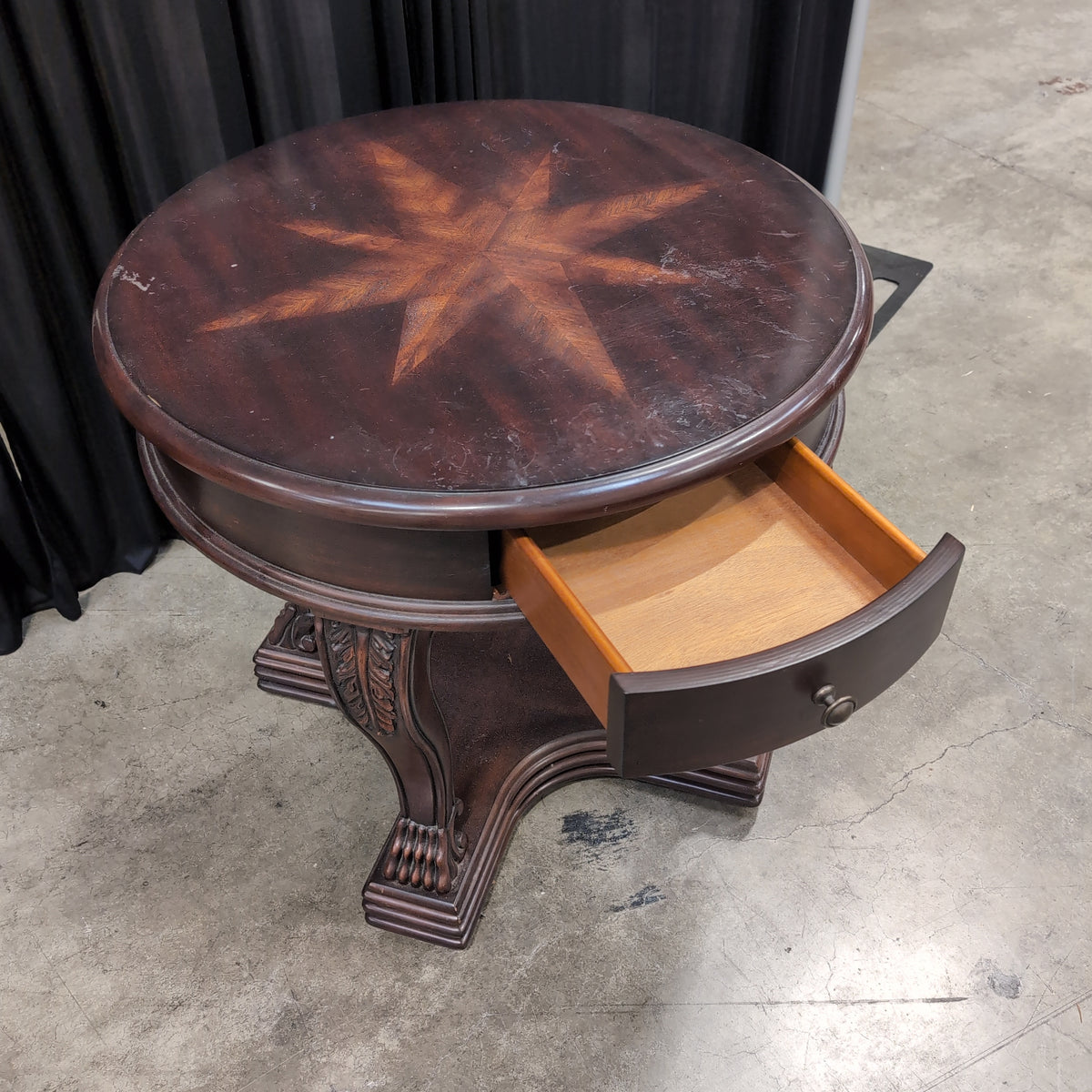Dark Wood Round End Table with Starburst Inlay