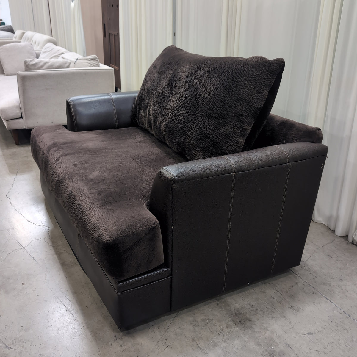 Contemporary Dark Brown Fabric Couch with Faux Leather Arms