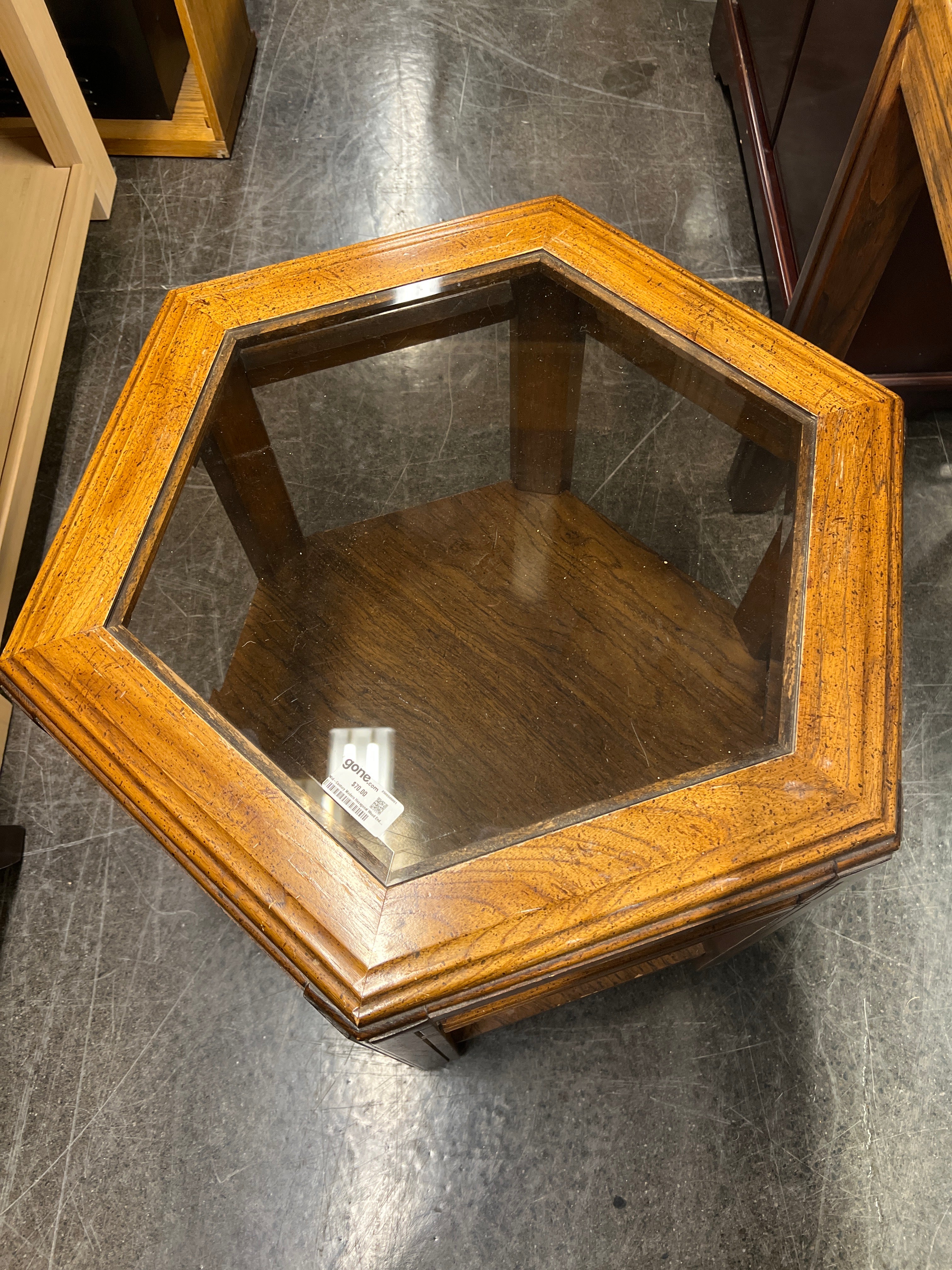 Mid-Century Modern Hexagonal Wood End Table with Glass Top