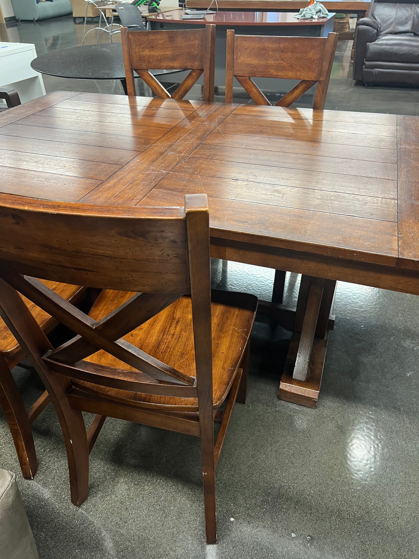 Dark Brown Farmhouse Style Dining Table w/ Leaf and 6 Chairs Set