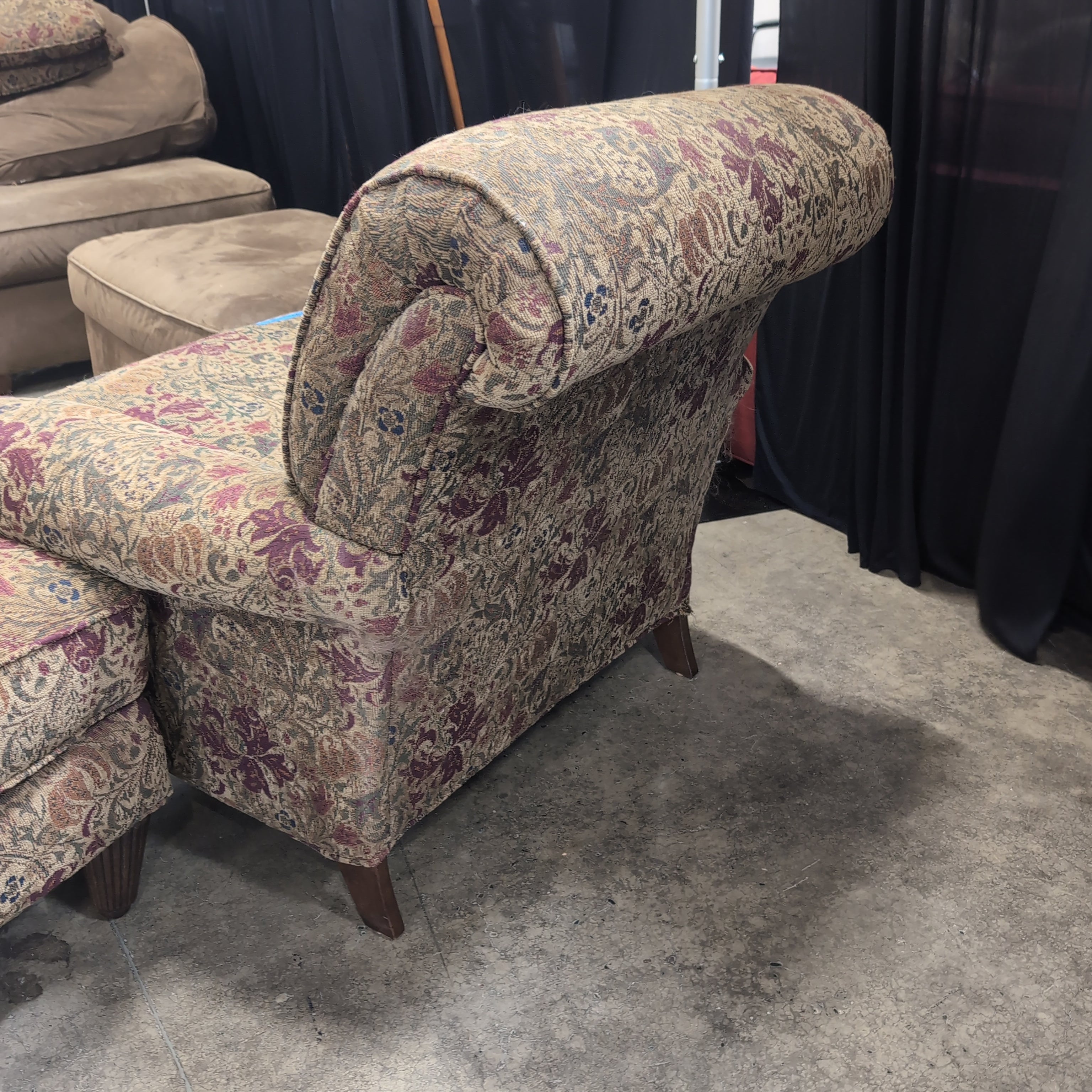 Rolled Arm Armchair and Ottoman in Floral Tapestry Fabric