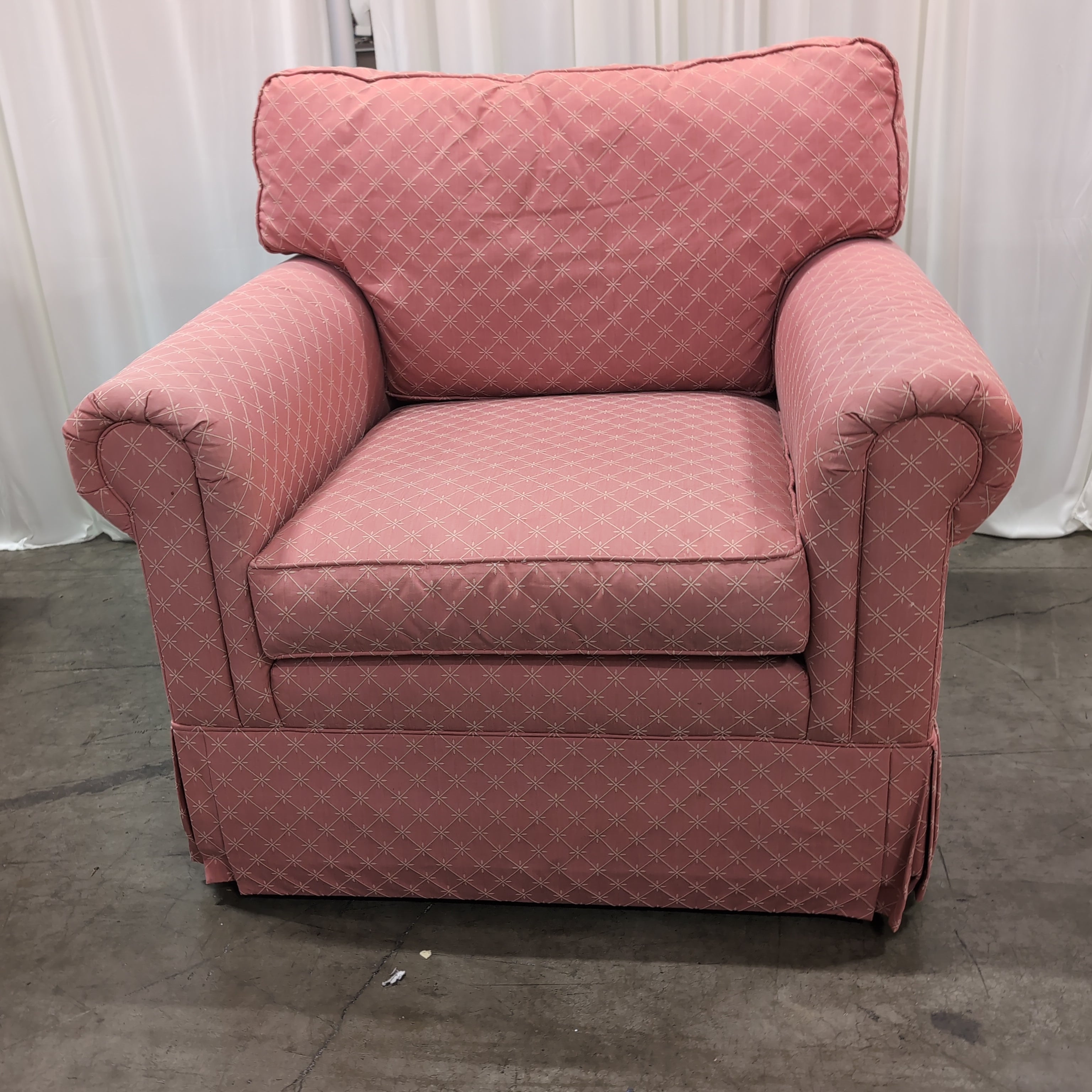 Ethan Allen Pink Geometric Pattern Armchair with Rolled Arms