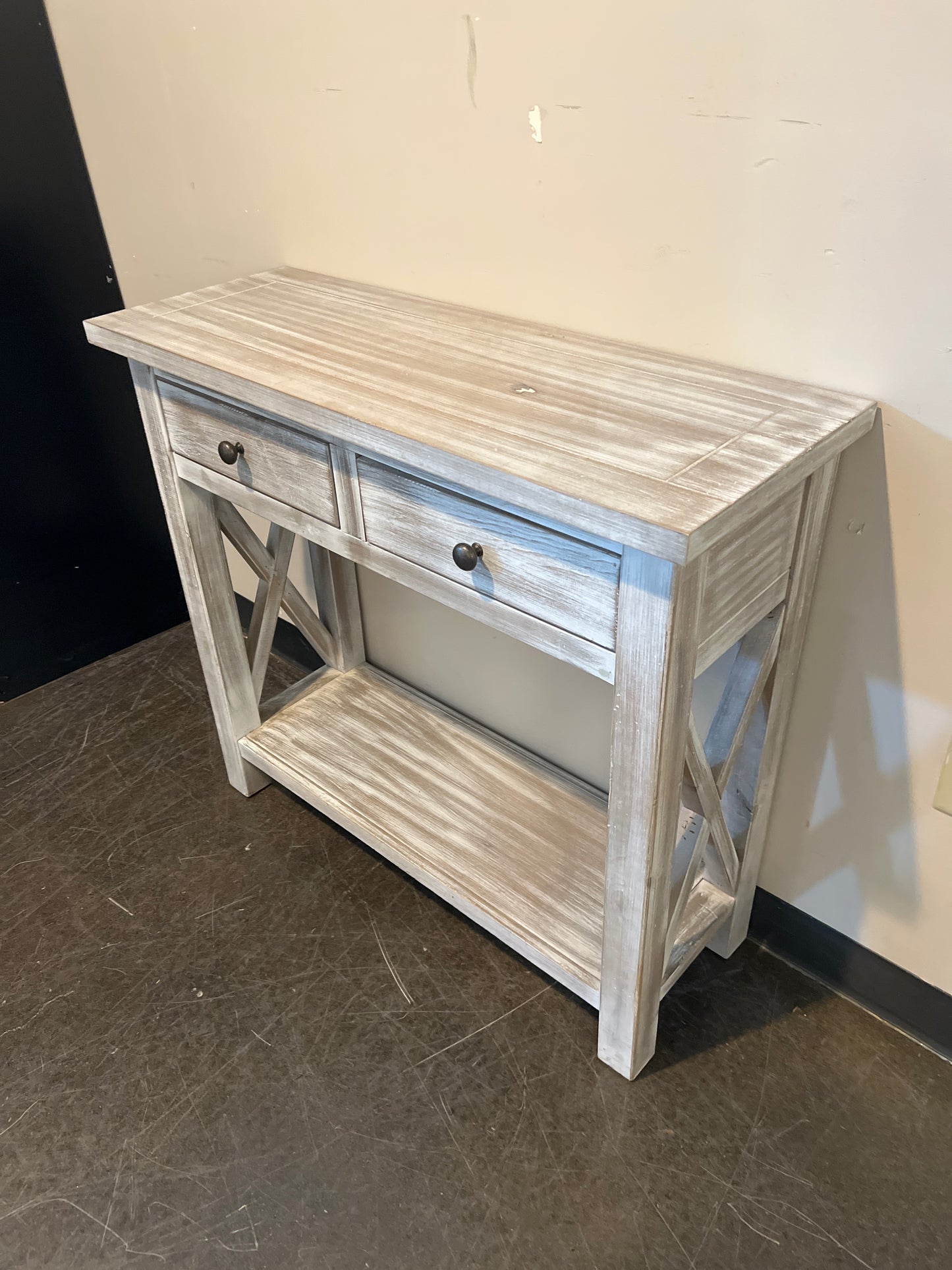 Rustic Whitewashed Wood Console Table with Two Drawers