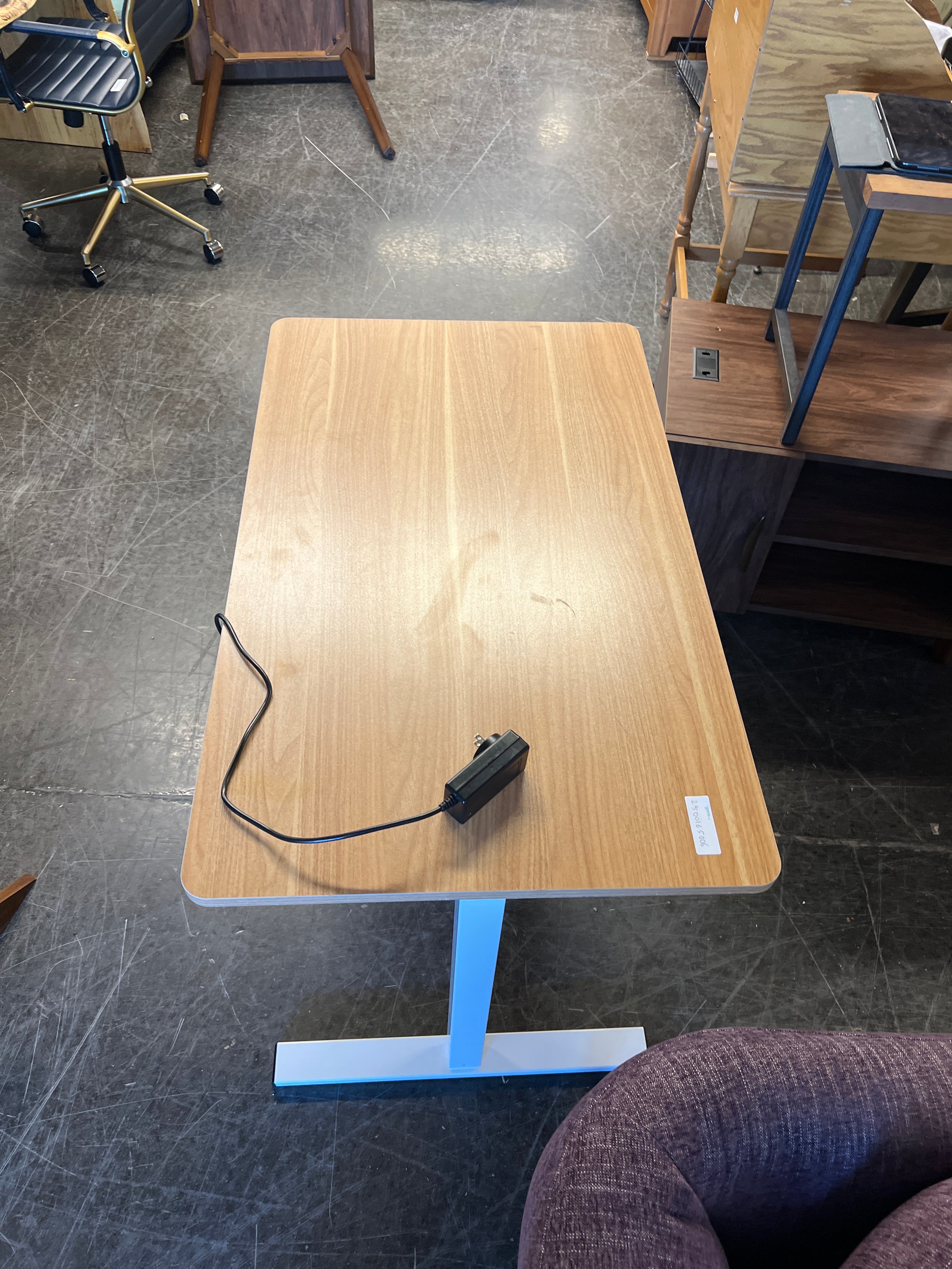 Electric Sit-Stand Desk with White Base and Woodgrain Top