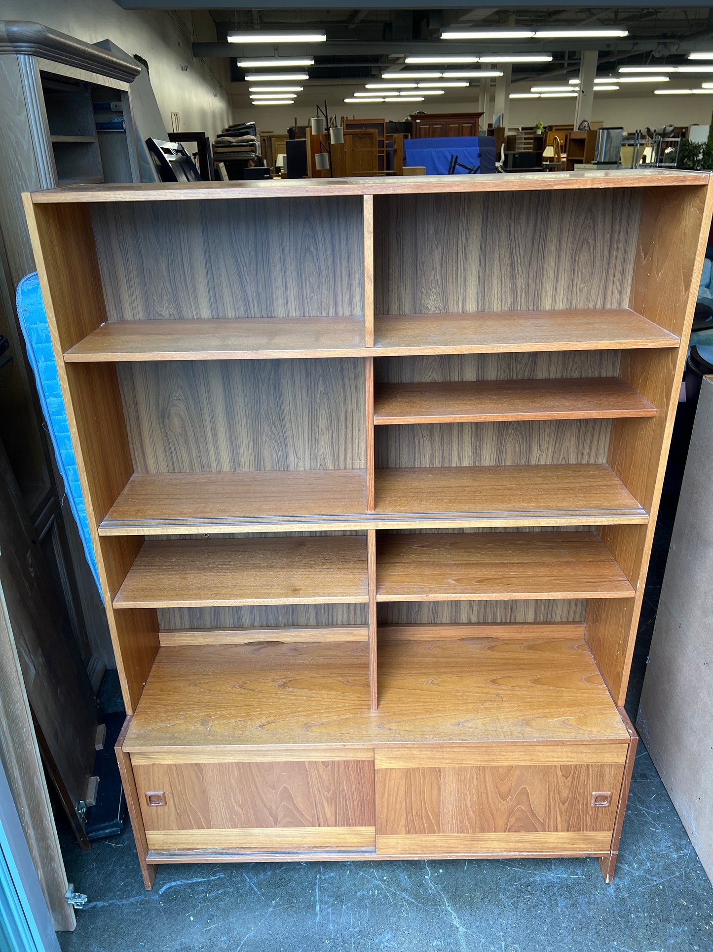 Domino Mid-Century Modern Walnut Wall Unit Bookshelf with Sliding Doors