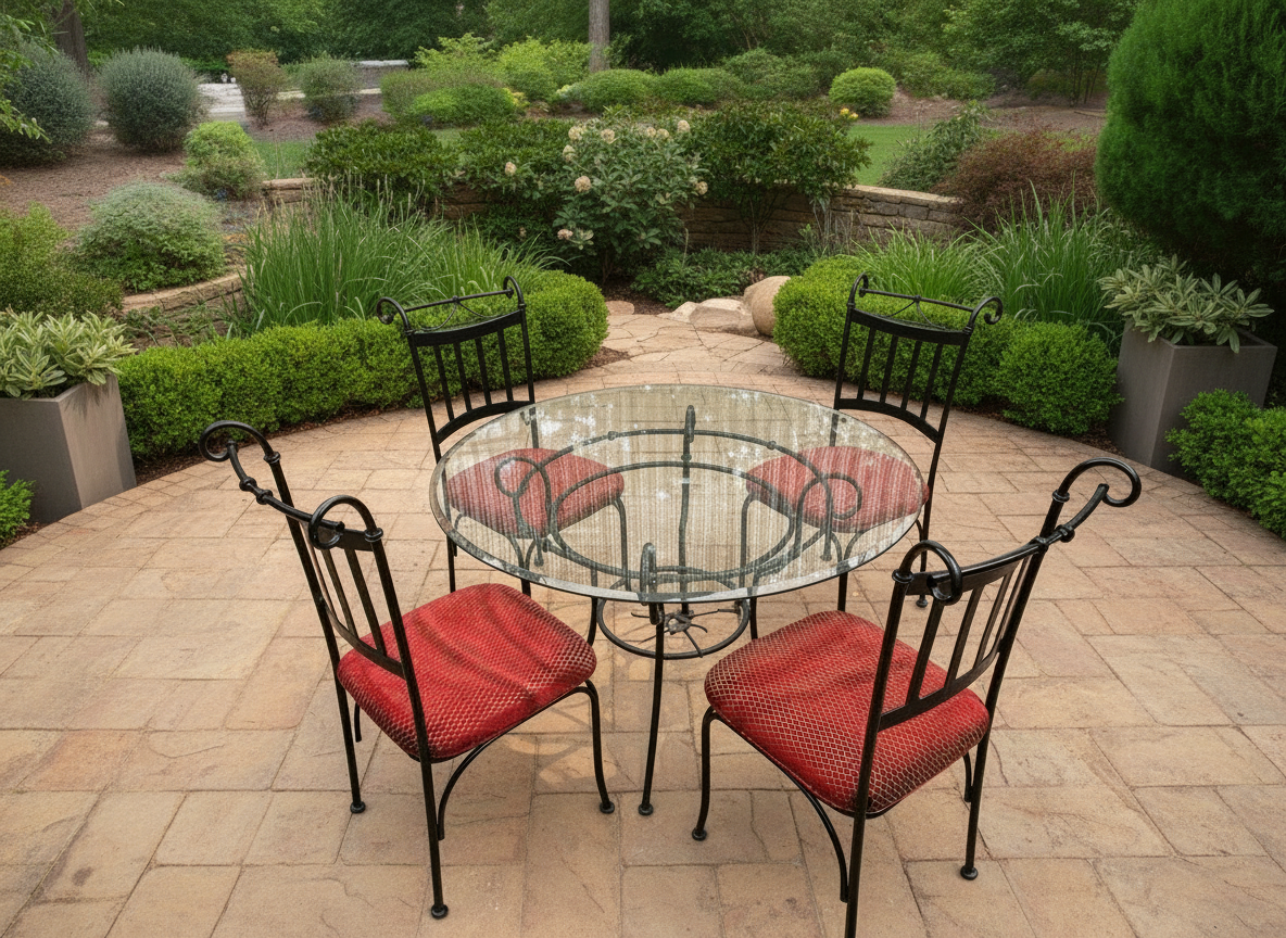 Five Piece Patio Dining Set: Round Glass Top Table and Four Chairs
