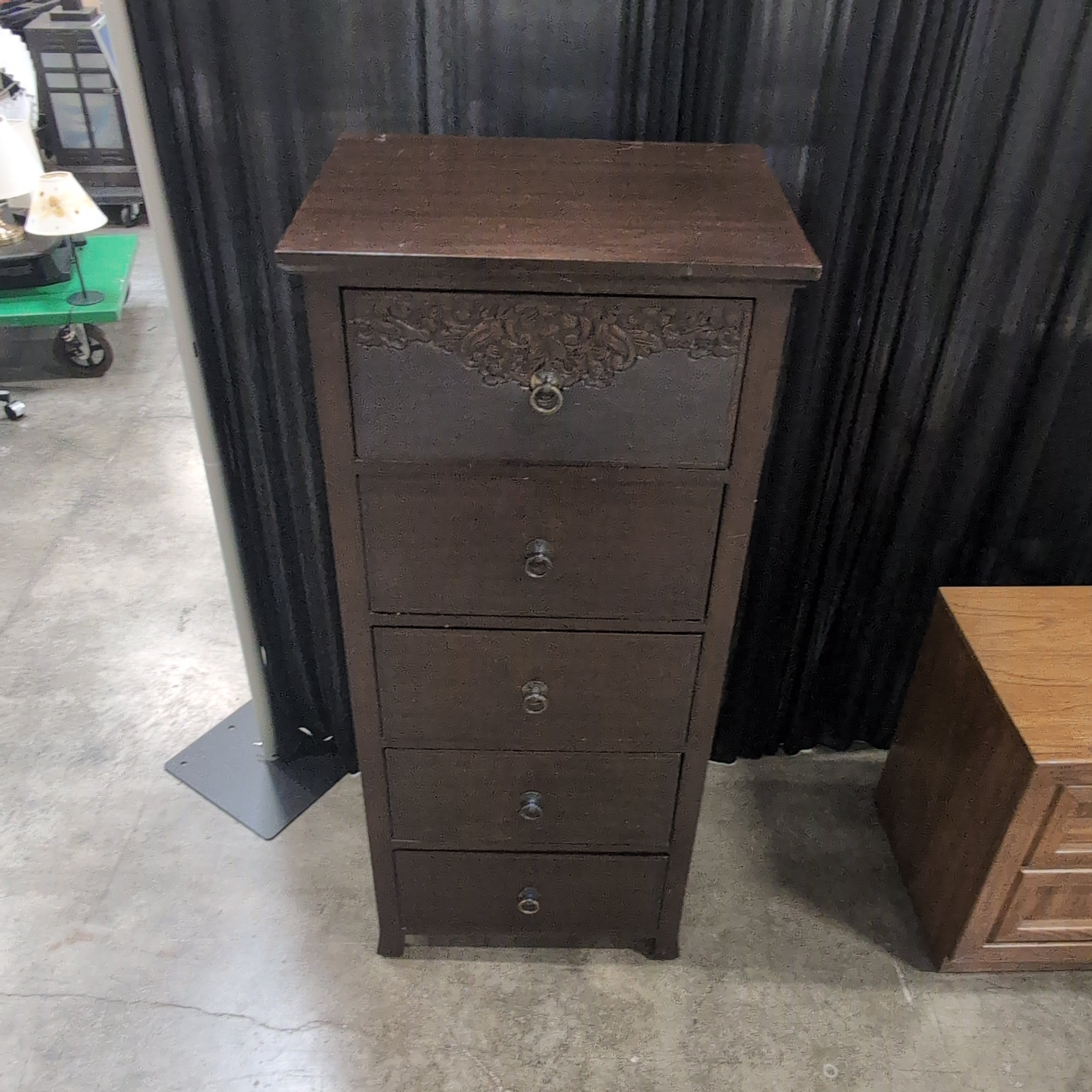 Dark Brown Wood Five-Drawer Dresser with Carved Top