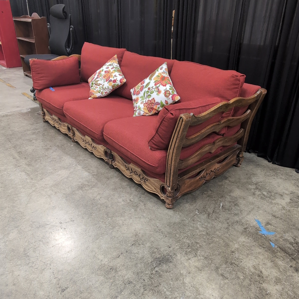 French Provincial Style Red Couch with Carved Wood