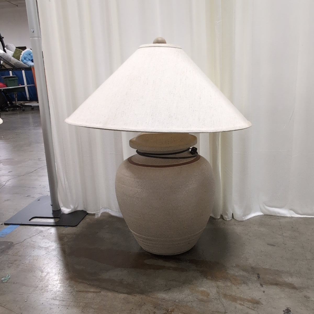 Large Beige Pottery Table Lamp with Fabric Shade