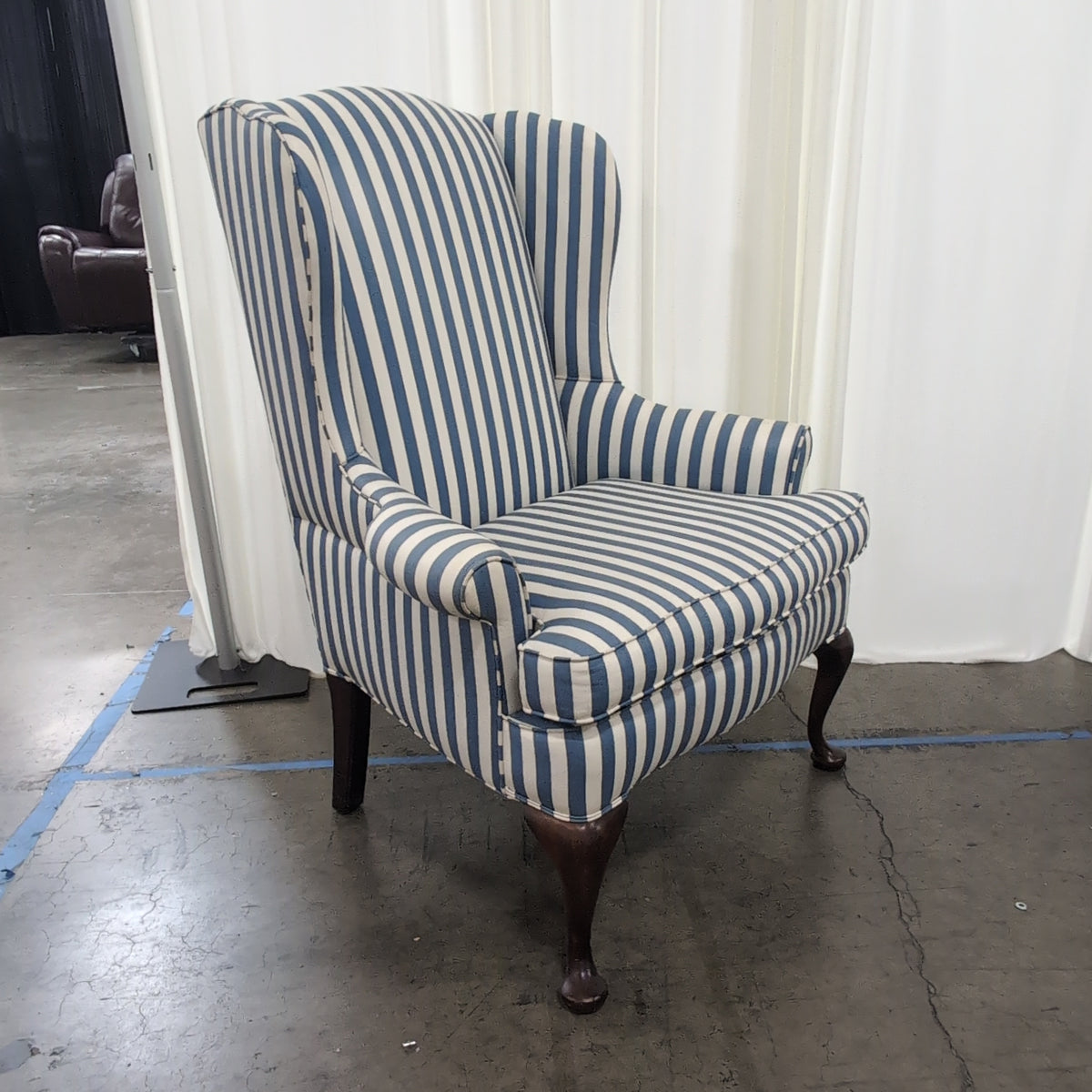 Upholstered Blue and White Striped Wingback Chair with Cabriole Legs