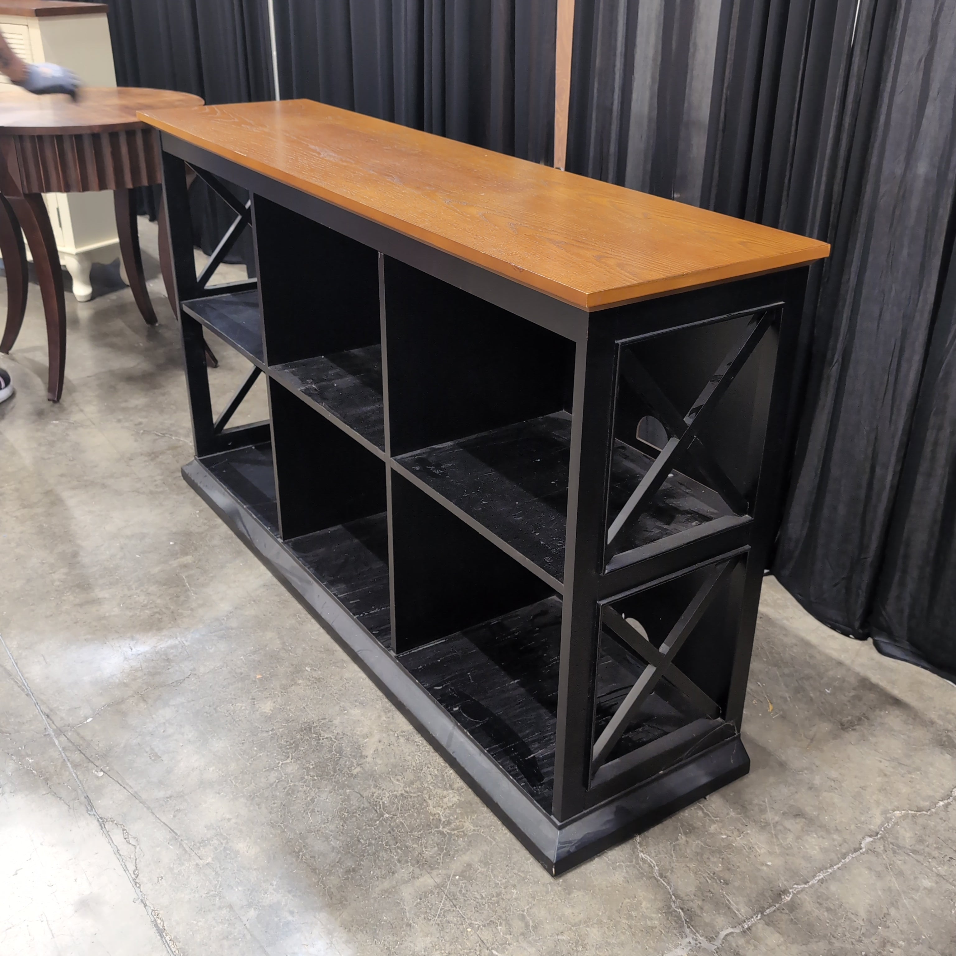 Two-Tone Wood and Black TV Stand with Geometric Shelving