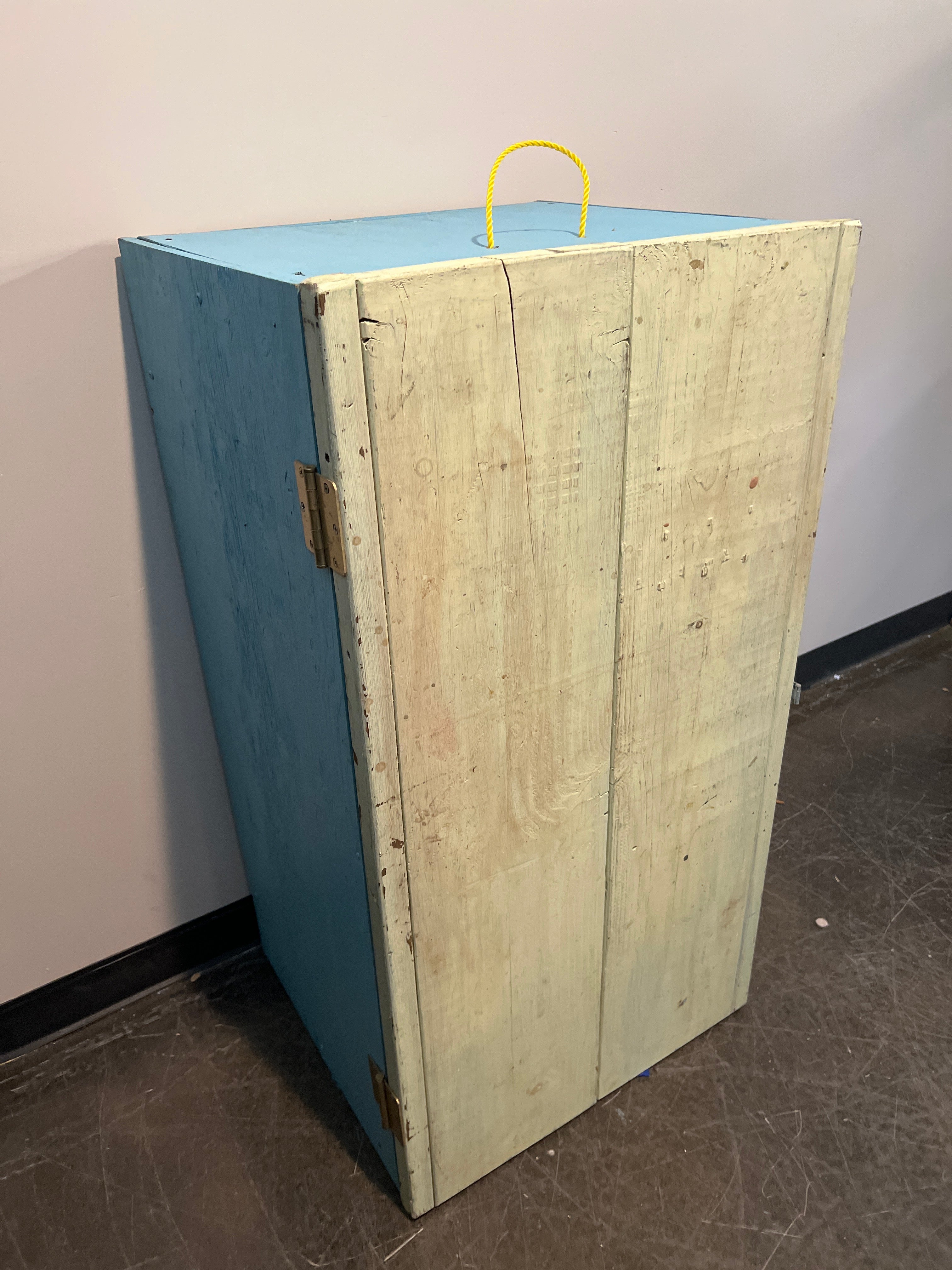 Handmade Painted Wooden Cabinet with Blue Top and Rope Handle