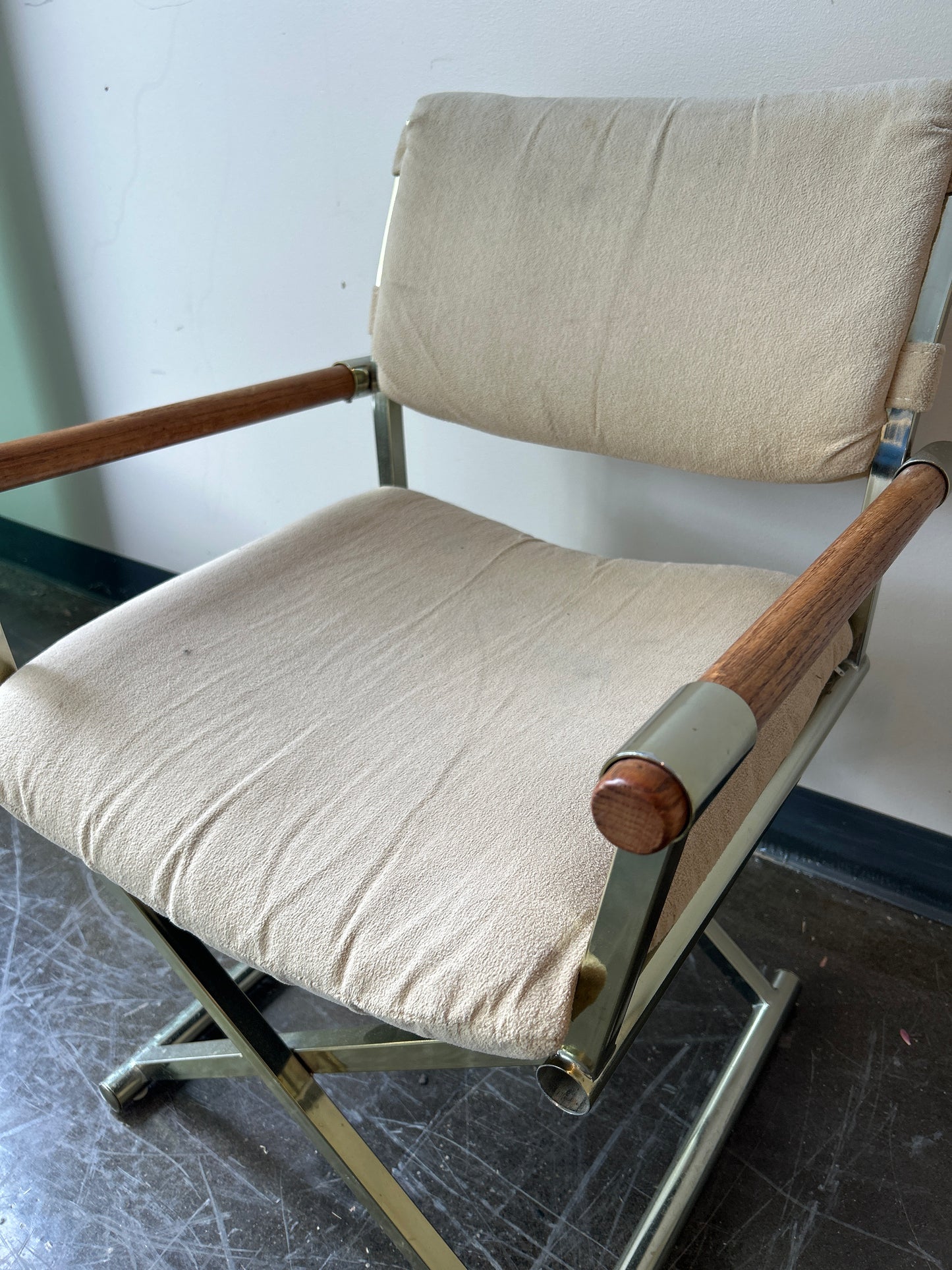 Vintage White Cushion Directors Chair with Wood and Metal Accent