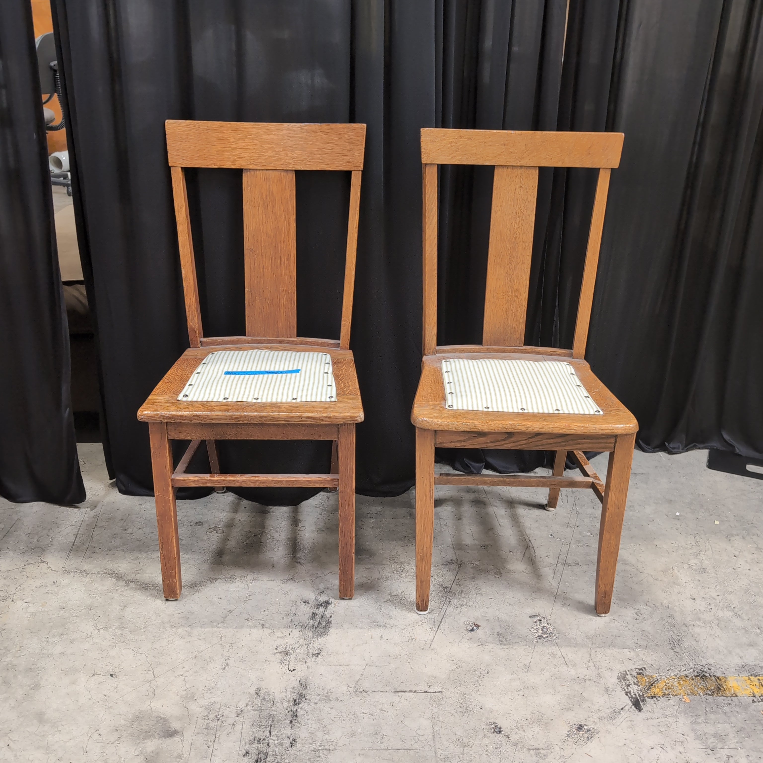 Pair of Oak T-Back Dining Chair with Striped Upholstery