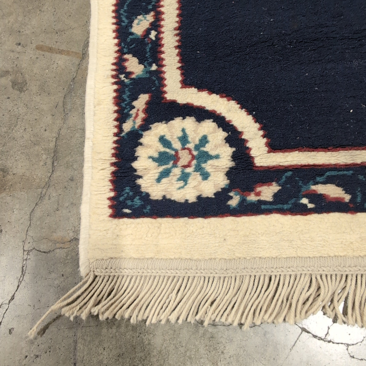 Traditional Navy Blue Floral Area Rug with Fringed Ends