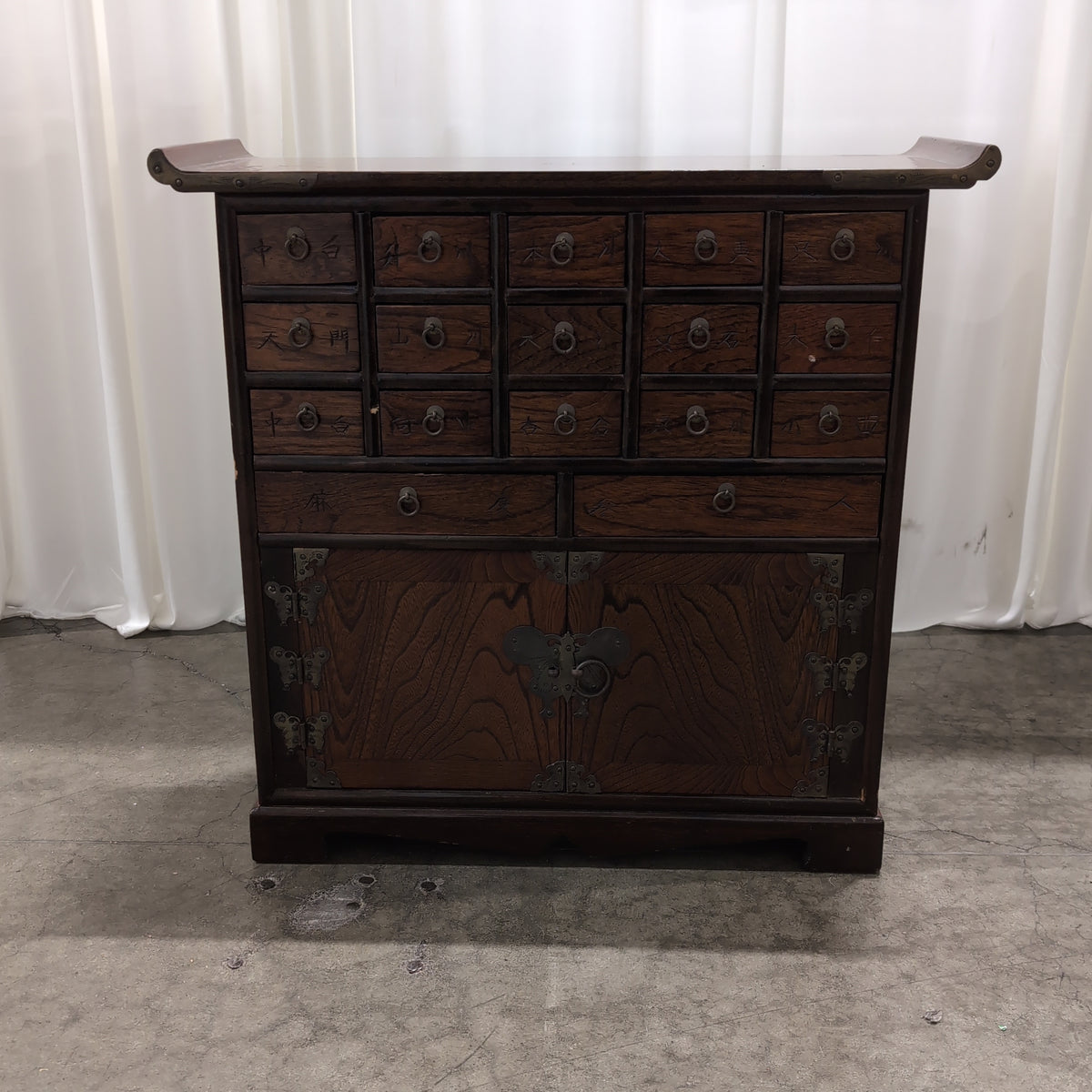 Traditional Asian Wood Medicine Cabinet with Brass Hardware