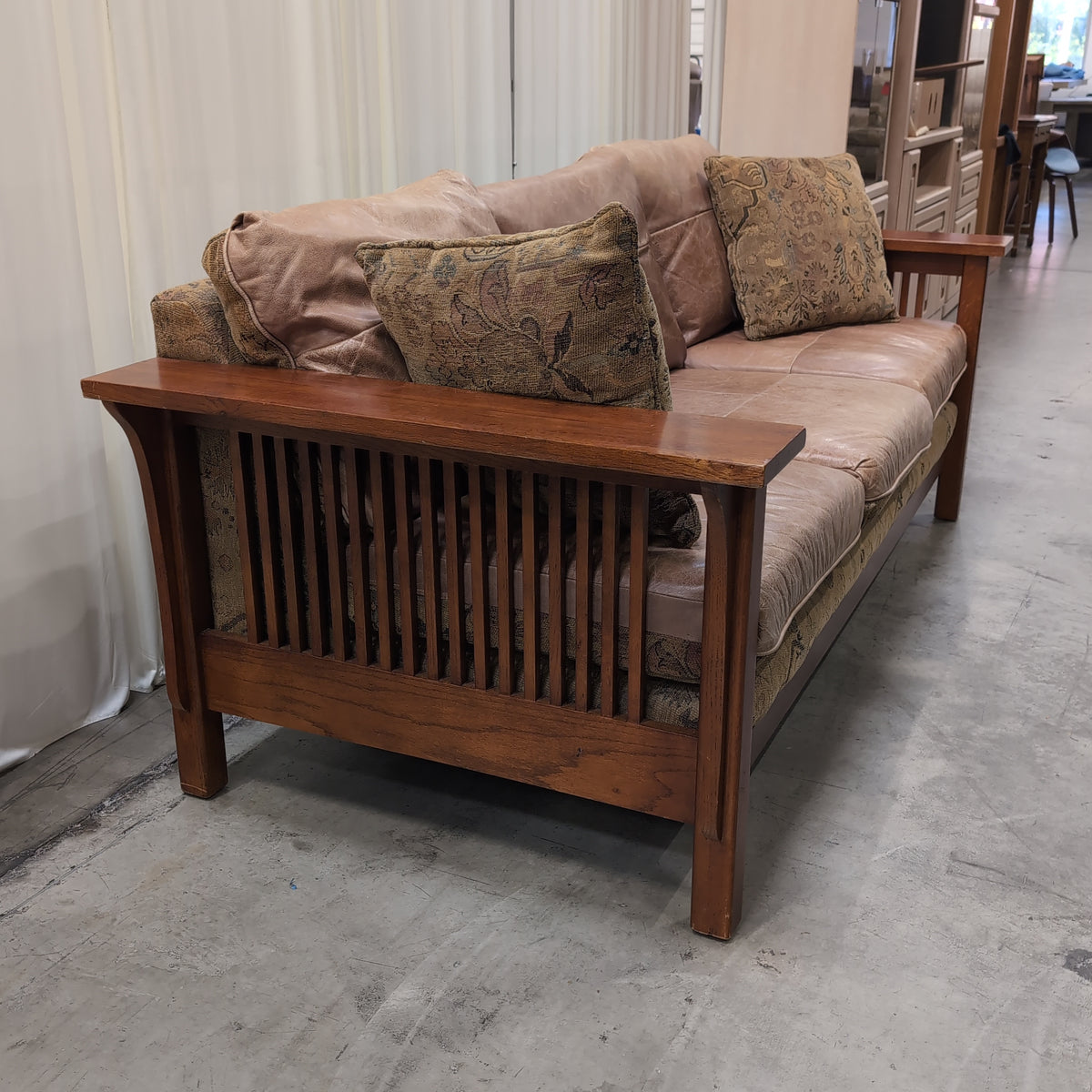 Brown Wood Frame Patterned Fabric Couch