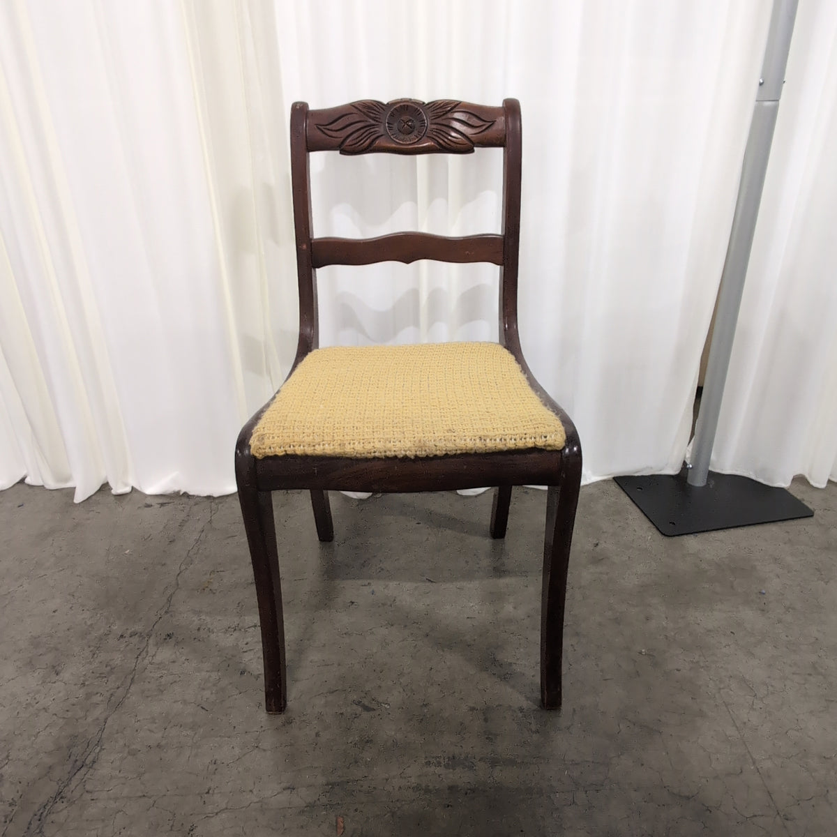 Traditional Dark Wood Carved Back Chair with Woven Seat