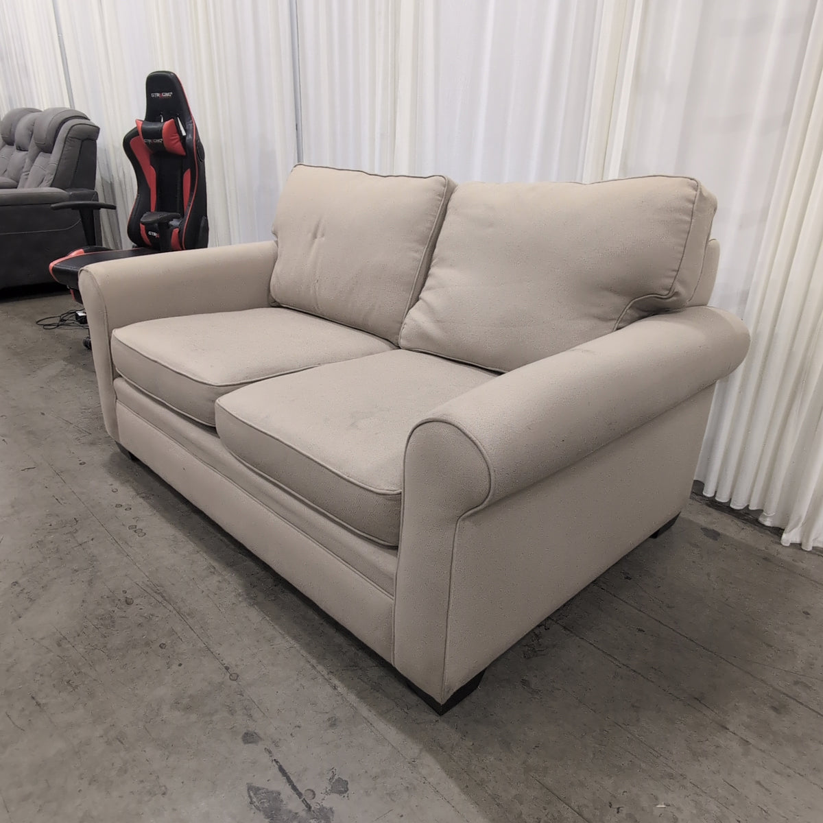 Tan Fabric Rolled Arm Loveseat