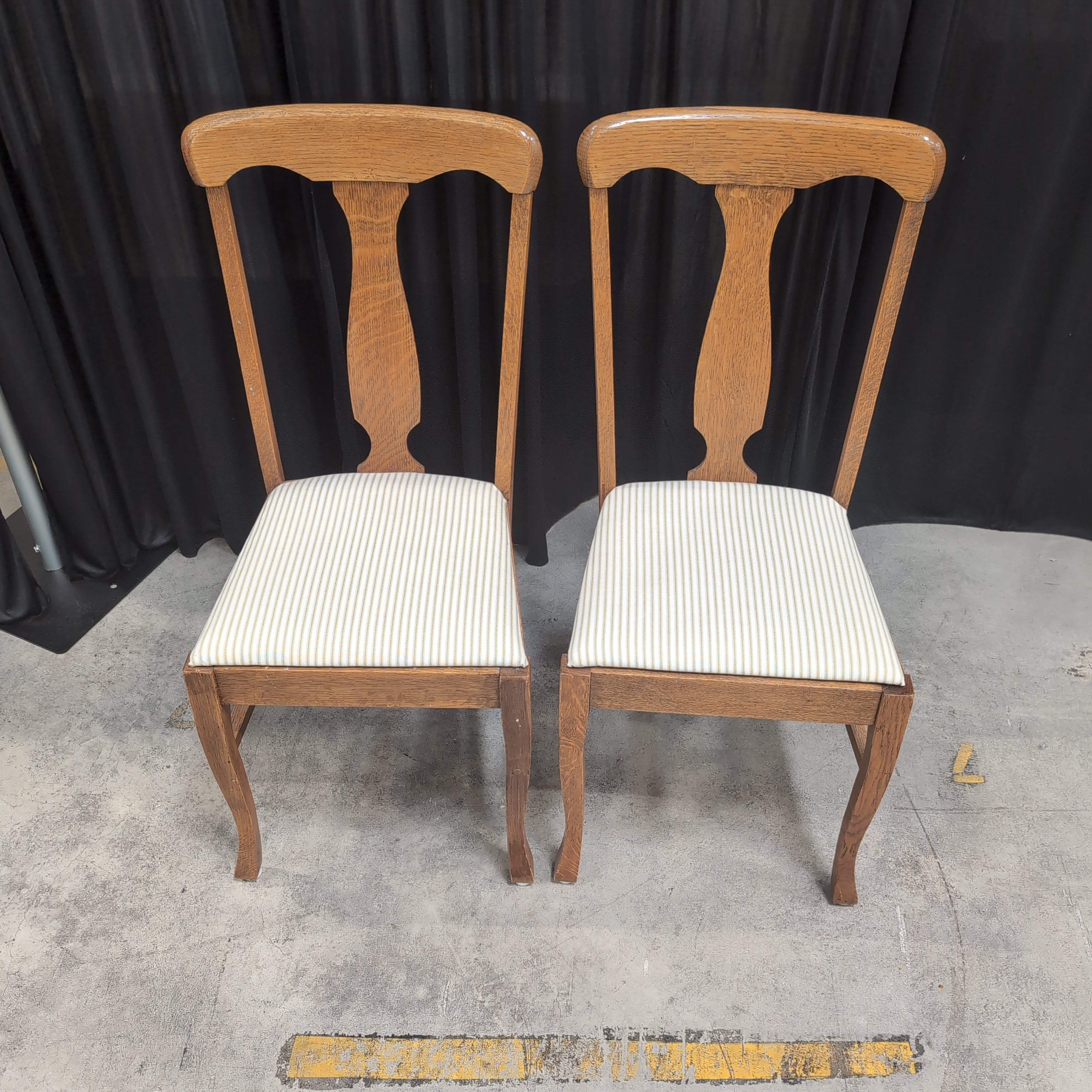 Pair of Vintage Oak Dining Chair with Striped Upholstery