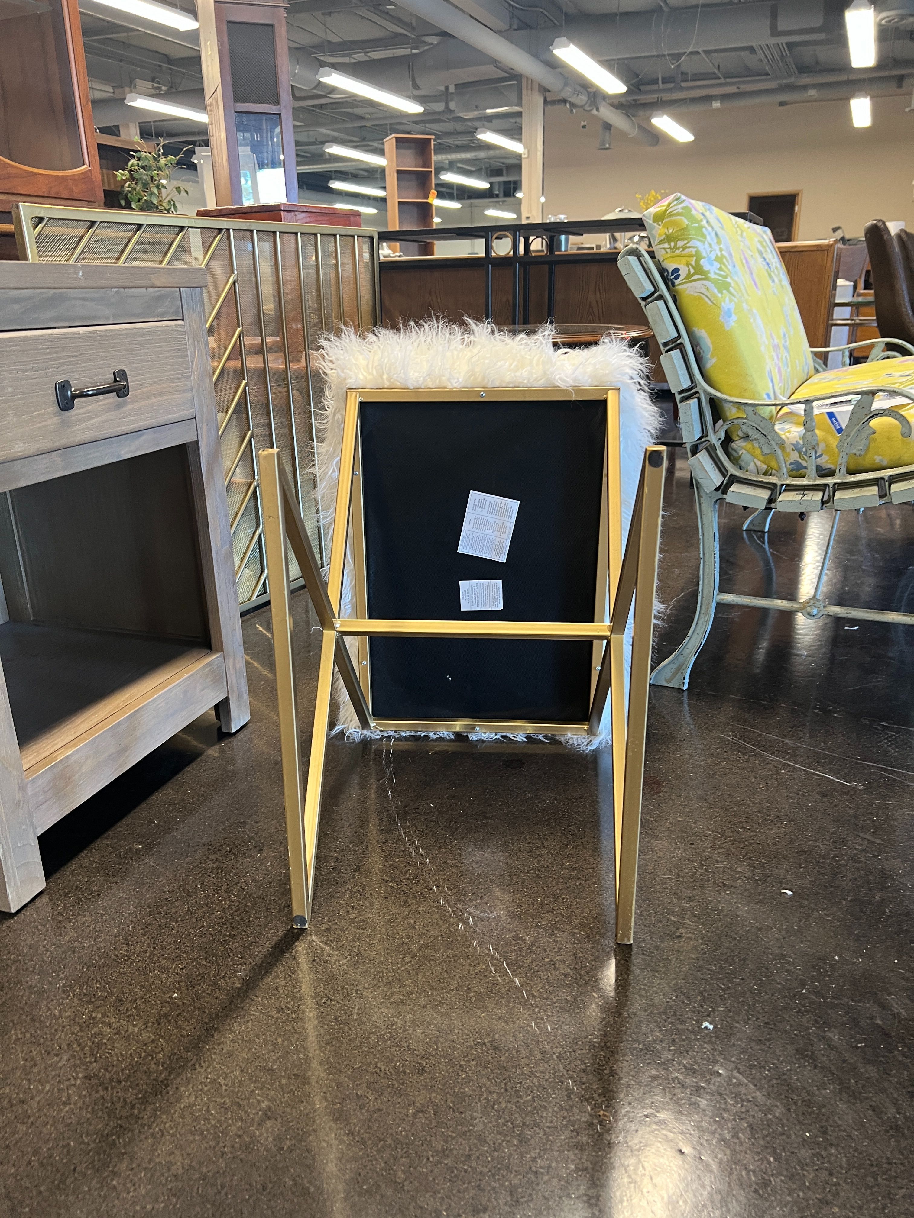 Fluffy Faux Fur Stool with Gold Base